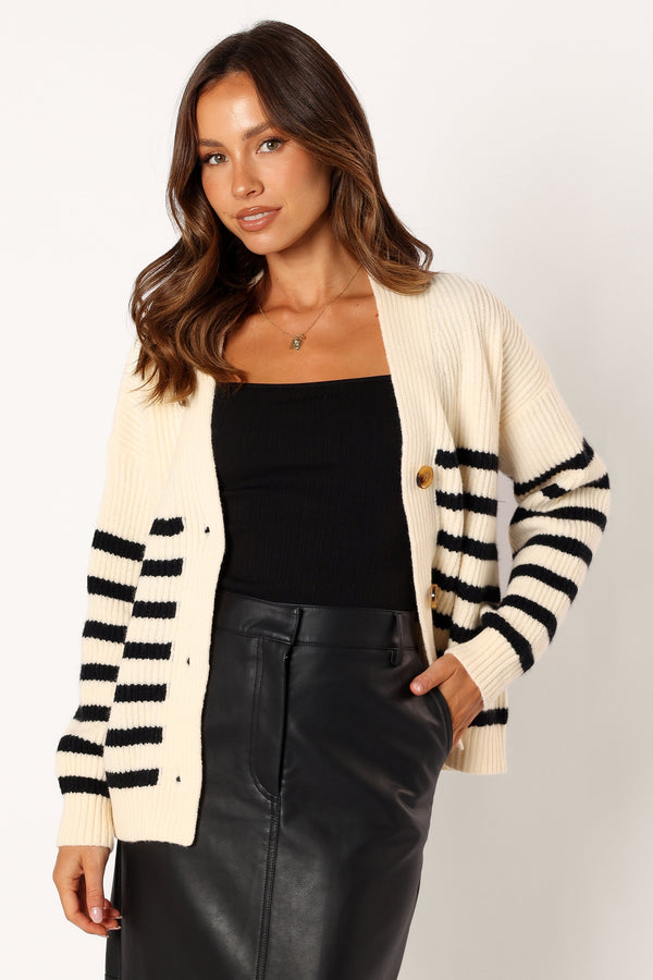 Petal and Pup USA KNITWEAR Sapphire Striped Button Front Cardigan - Beige Black