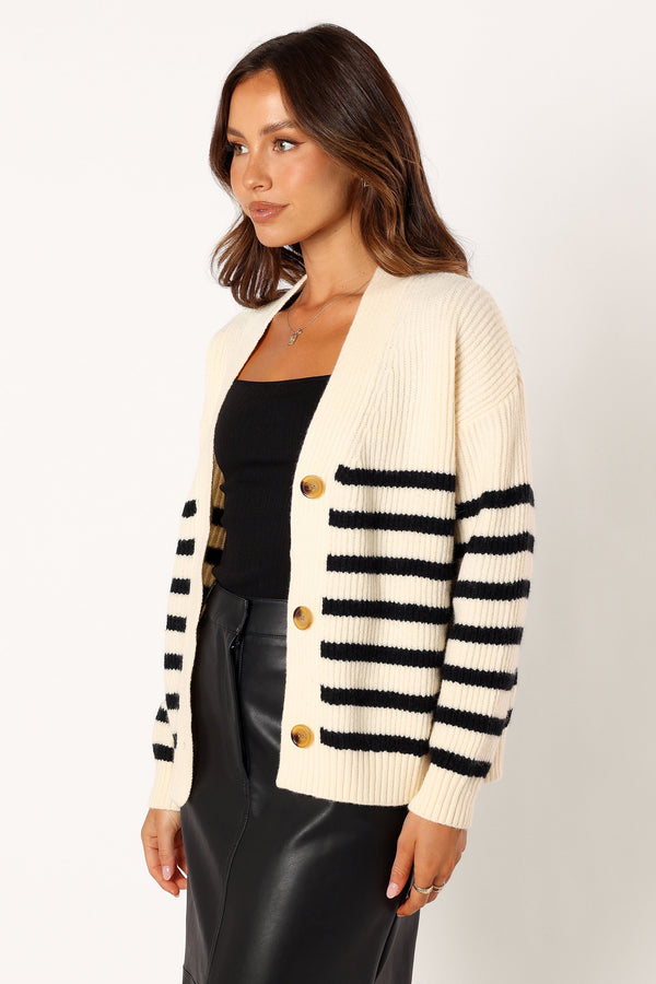 Petal and Pup USA KNITWEAR Sapphire Striped Button Front Cardigan - Beige Black