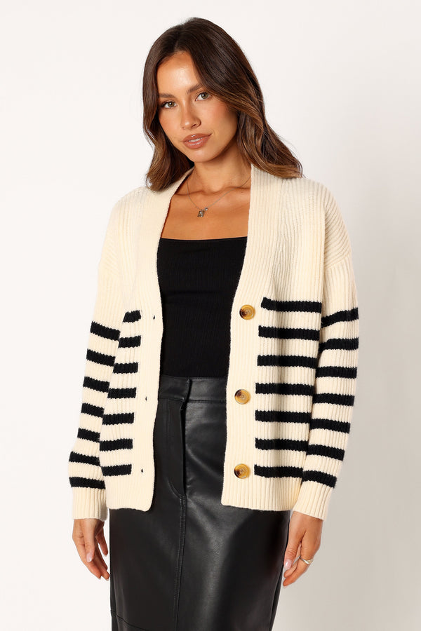 Petal and Pup USA KNITWEAR Sapphire Striped Button Front Cardigan - Beige Black