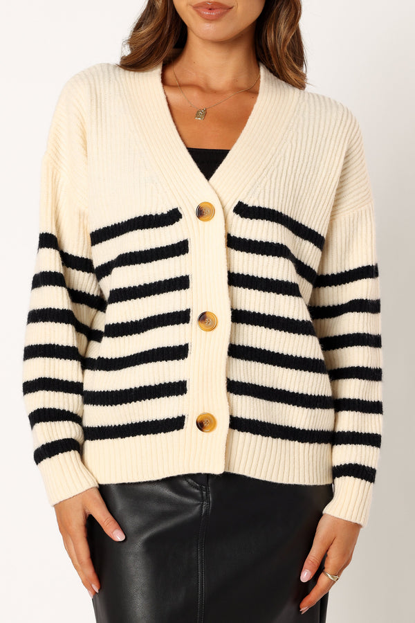 Petal and Pup USA KNITWEAR Sapphire Striped Button Front Cardigan - Beige Black