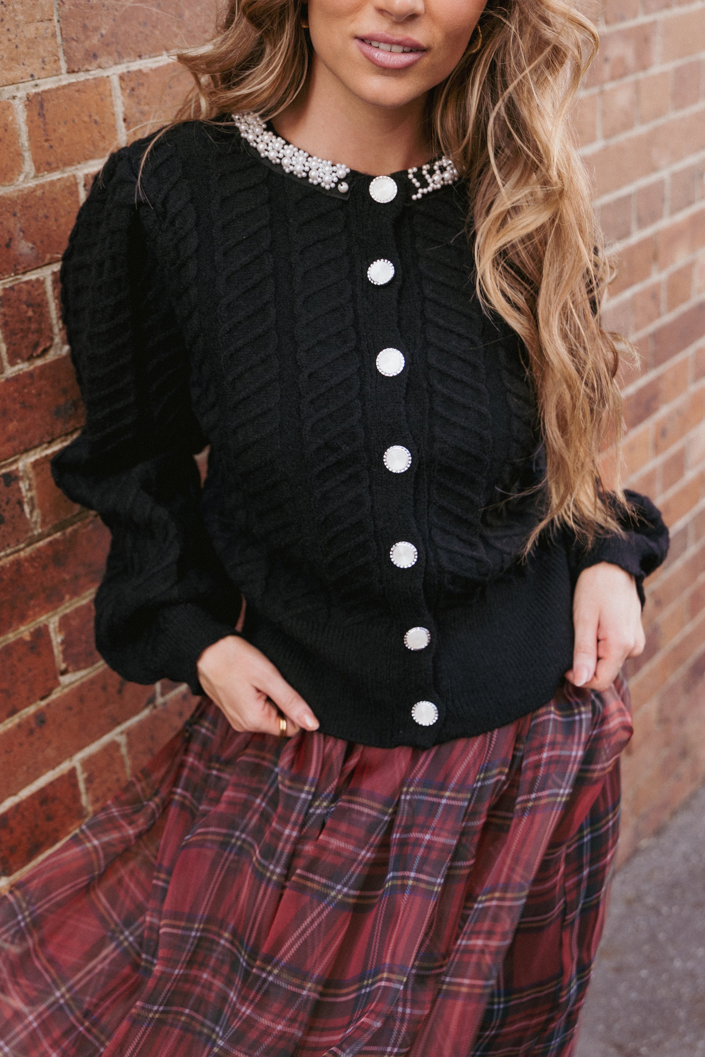 Petal and Pup USA KNITWEAR Sheena Rhinestone Collar Holiday Cardigan - Black
