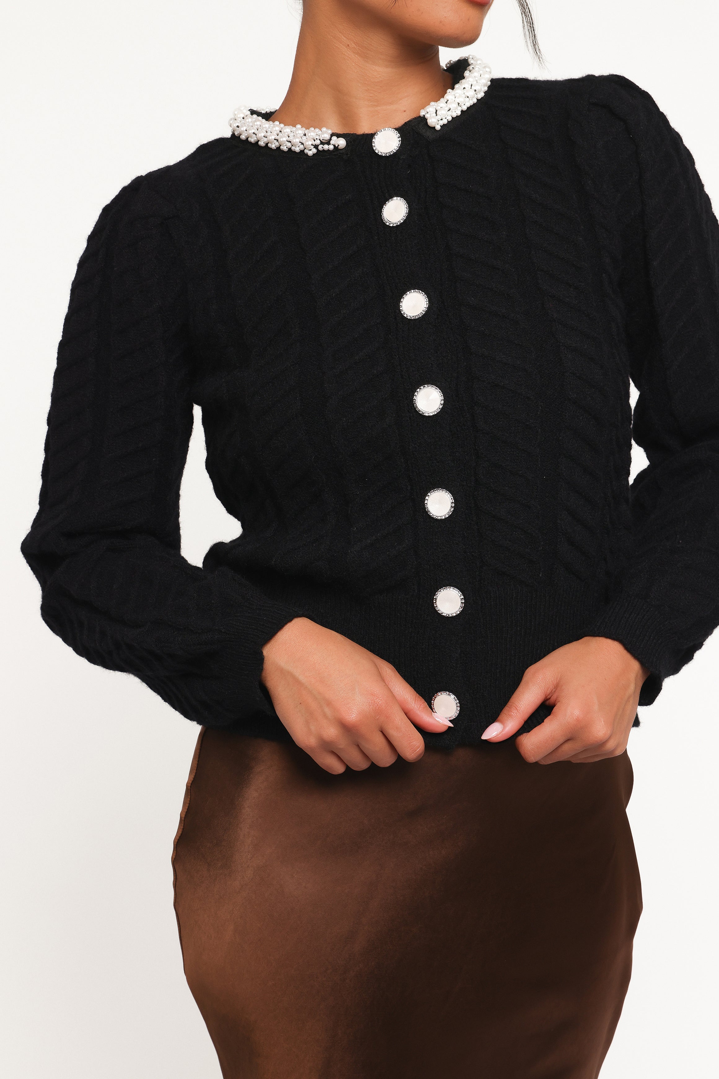 Petal and Pup USA KNITWEAR Sheena Rhinestone Collar Holiday Cardigan - Black