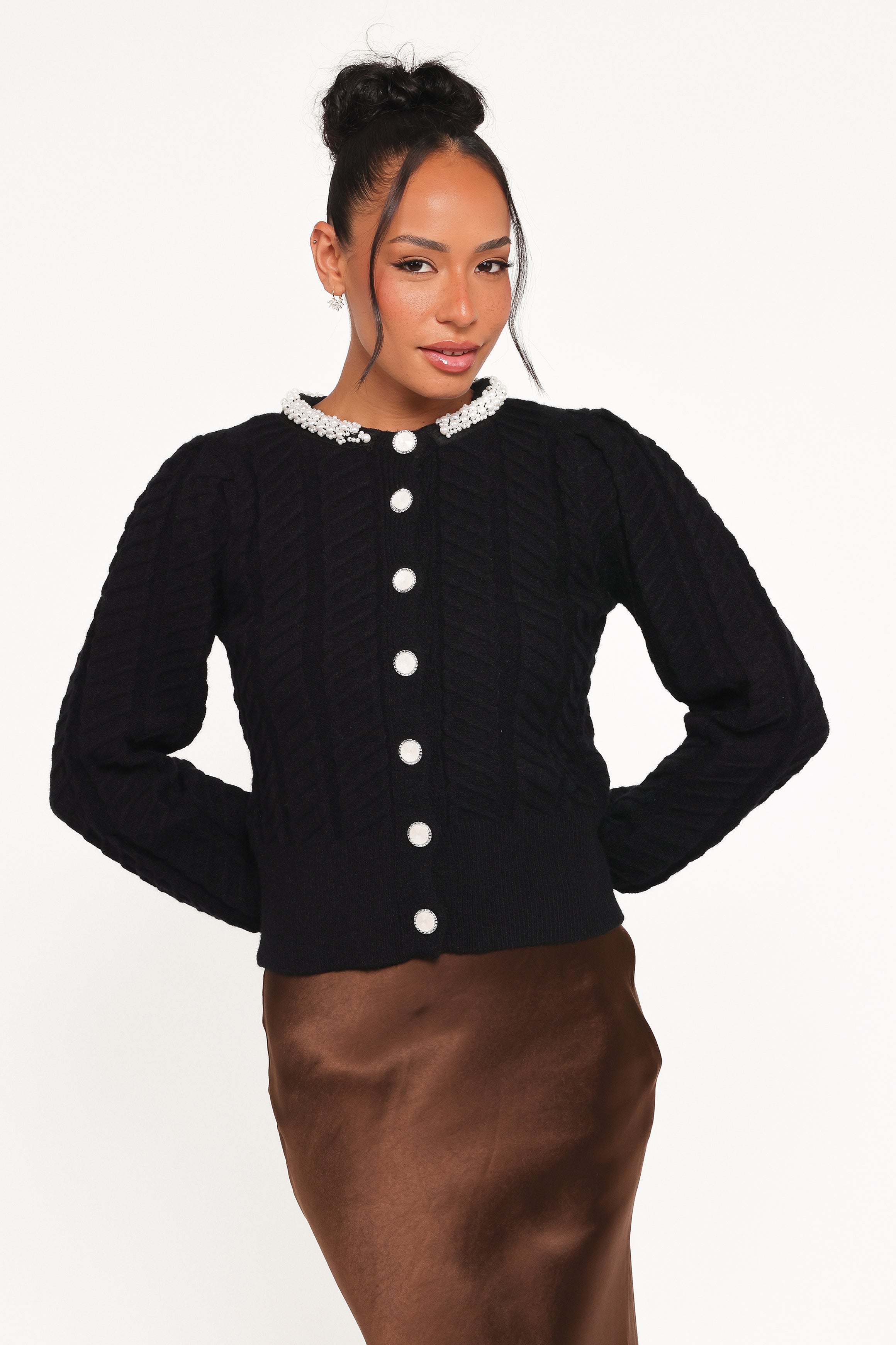 Petal and Pup USA KNITWEAR Sheena Rhinestone Collar Holiday Cardigan - Black