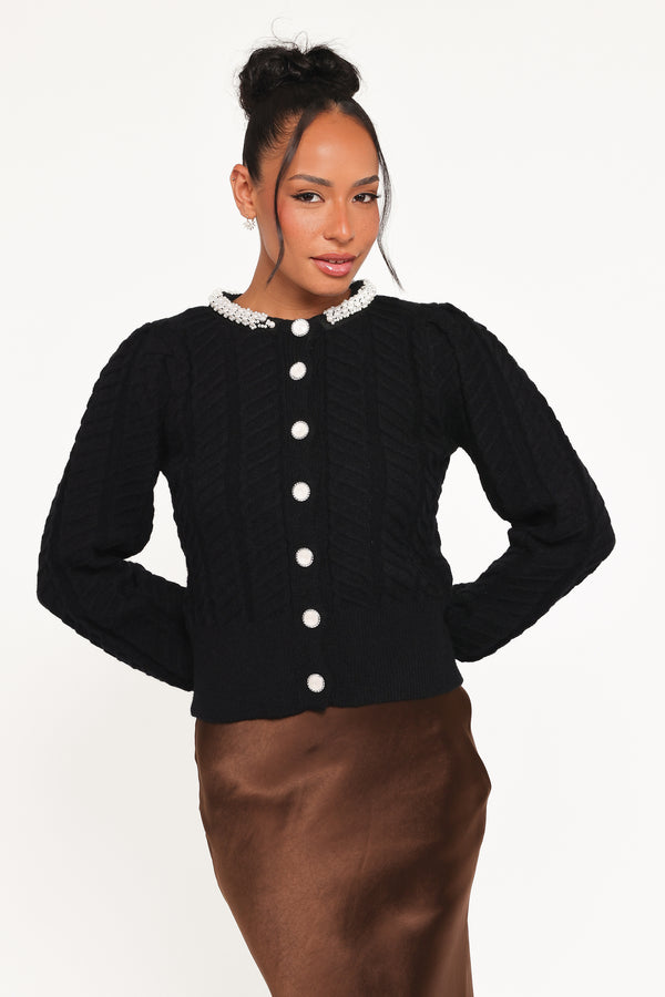 Petal and Pup USA KNITWEAR Sheena Rhinestone Collar Holiday Cardigan - Black