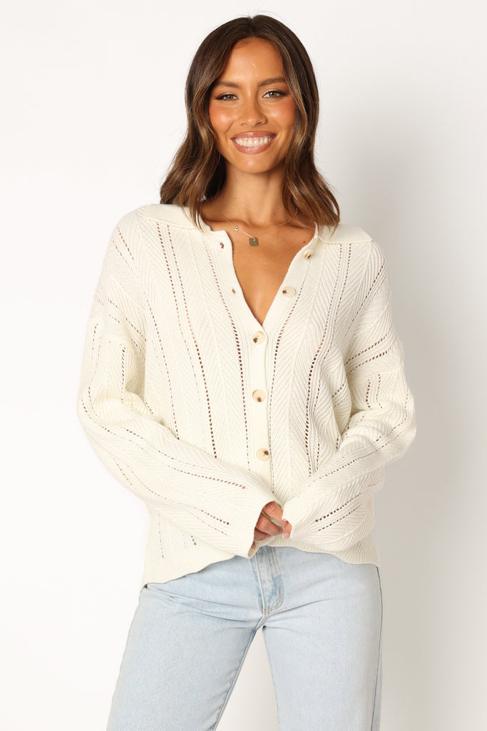 Simone Button Front Collar Knit Sweater - White
