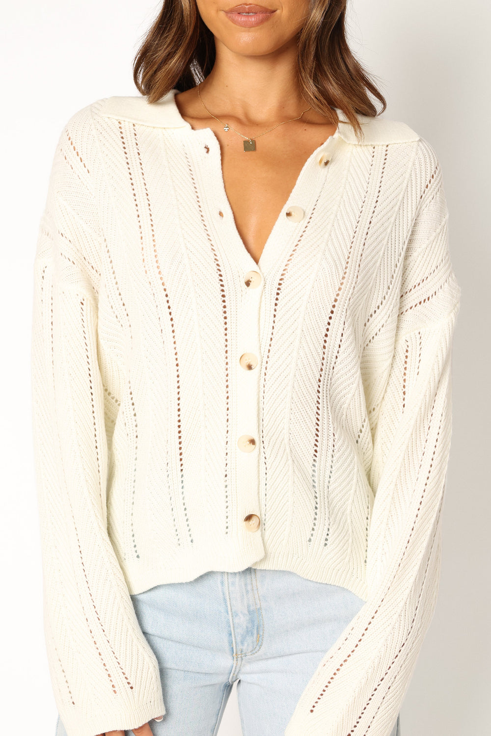 Petal and Pup USA KNITWEAR Simone Button Front Collar Knit Sweater - White