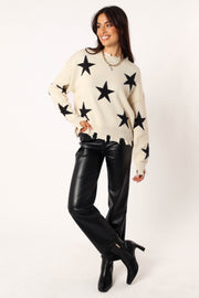 Petal and Pup USA KNITWEAR Star Printed Fray Detail Knit Sweater - Cream/Black