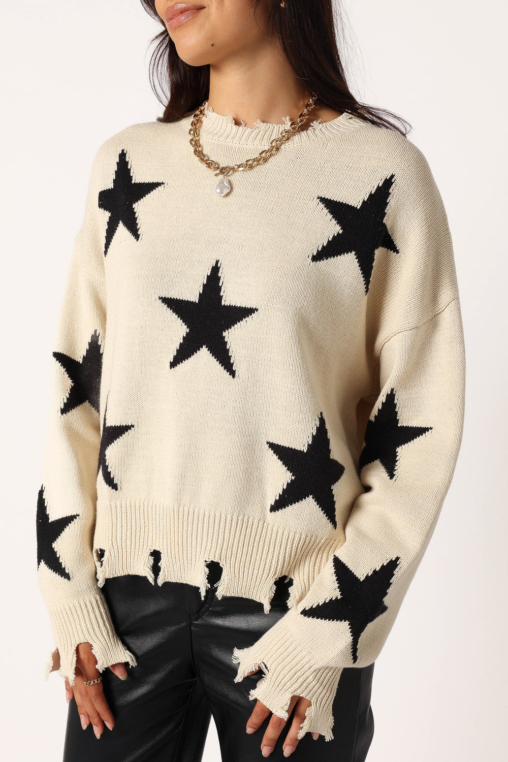 Petal and Pup USA KNITWEAR Star Printed Fray Detail Knit Sweater - Cream/Black