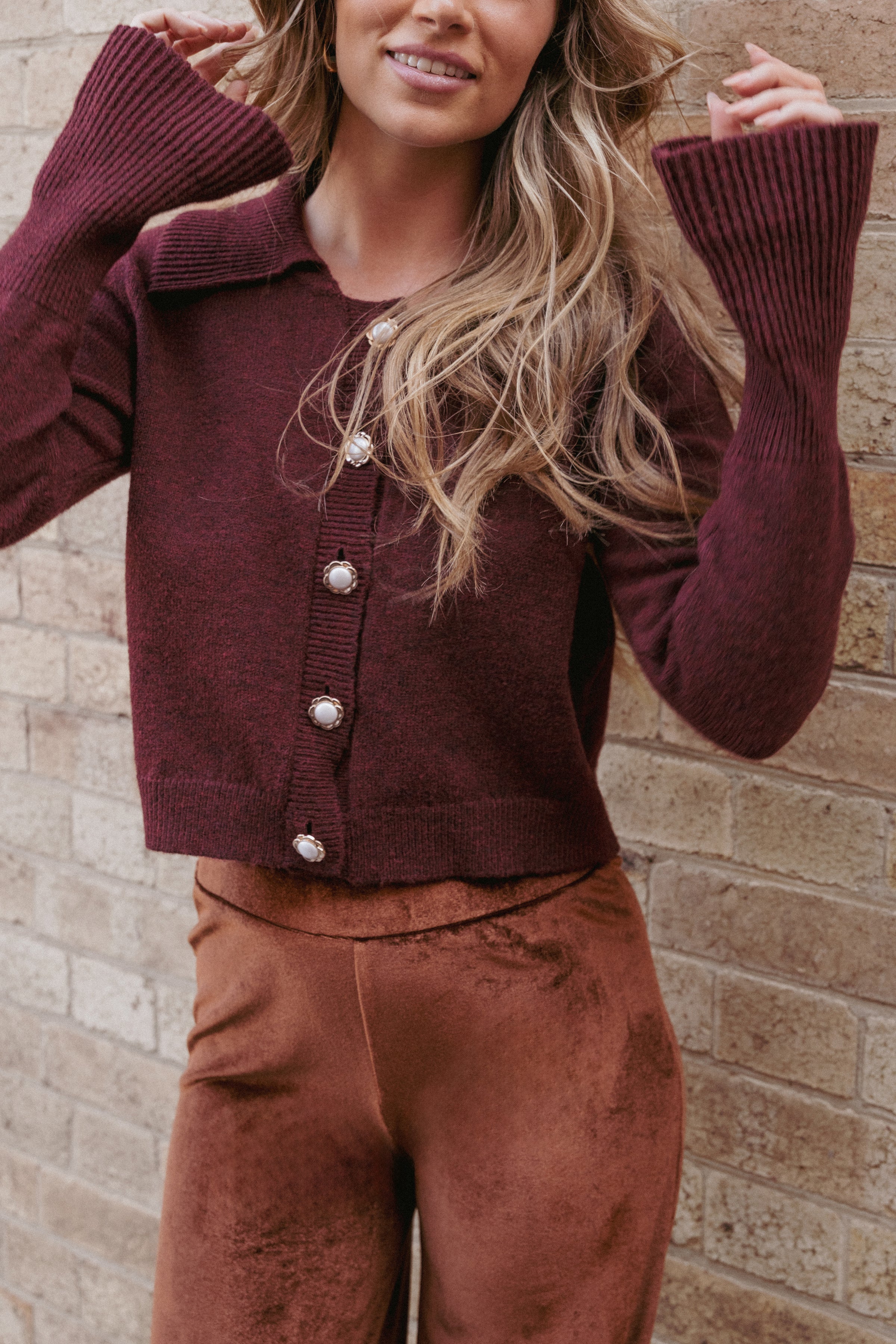 Petal and Pup USA KNITWEAR Thelma Trumpet Sleeve Cardigan - Cabernet