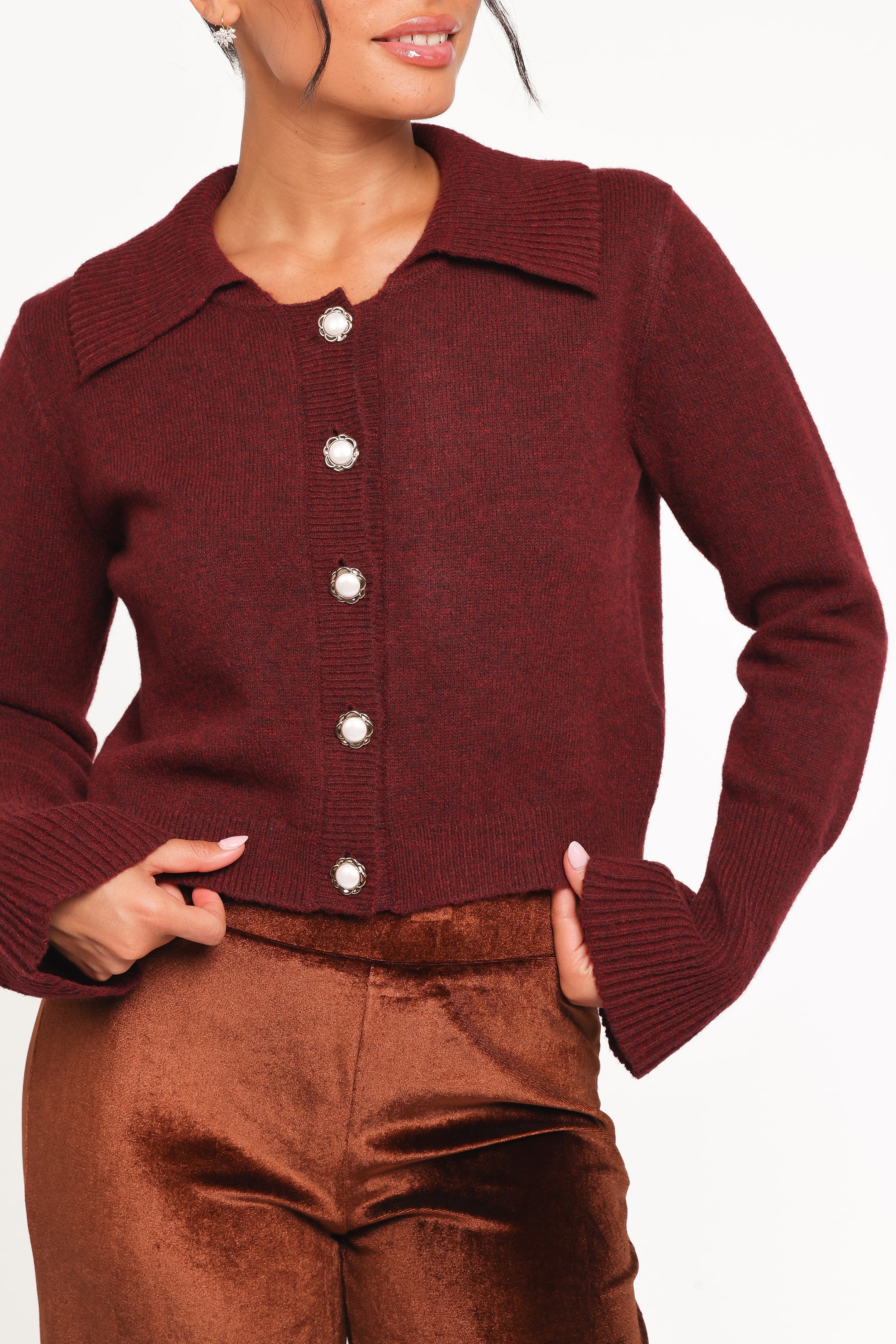 Petal and Pup USA KNITWEAR Thelma Trumpet Sleeve Cardigan - Cabernet