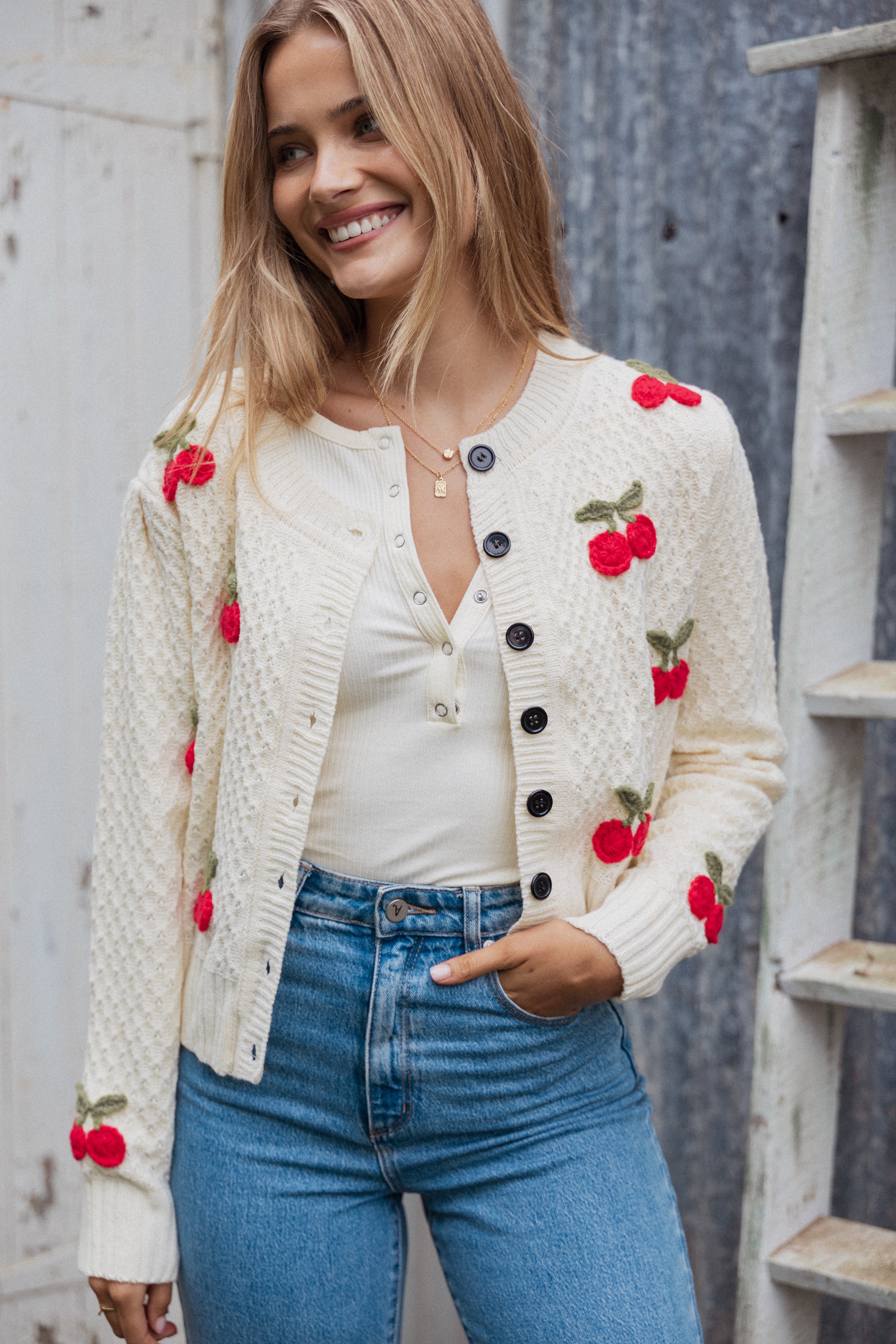 Petal and Pup USA KNITWEAR Trudie Cherry Cardigan - Cream