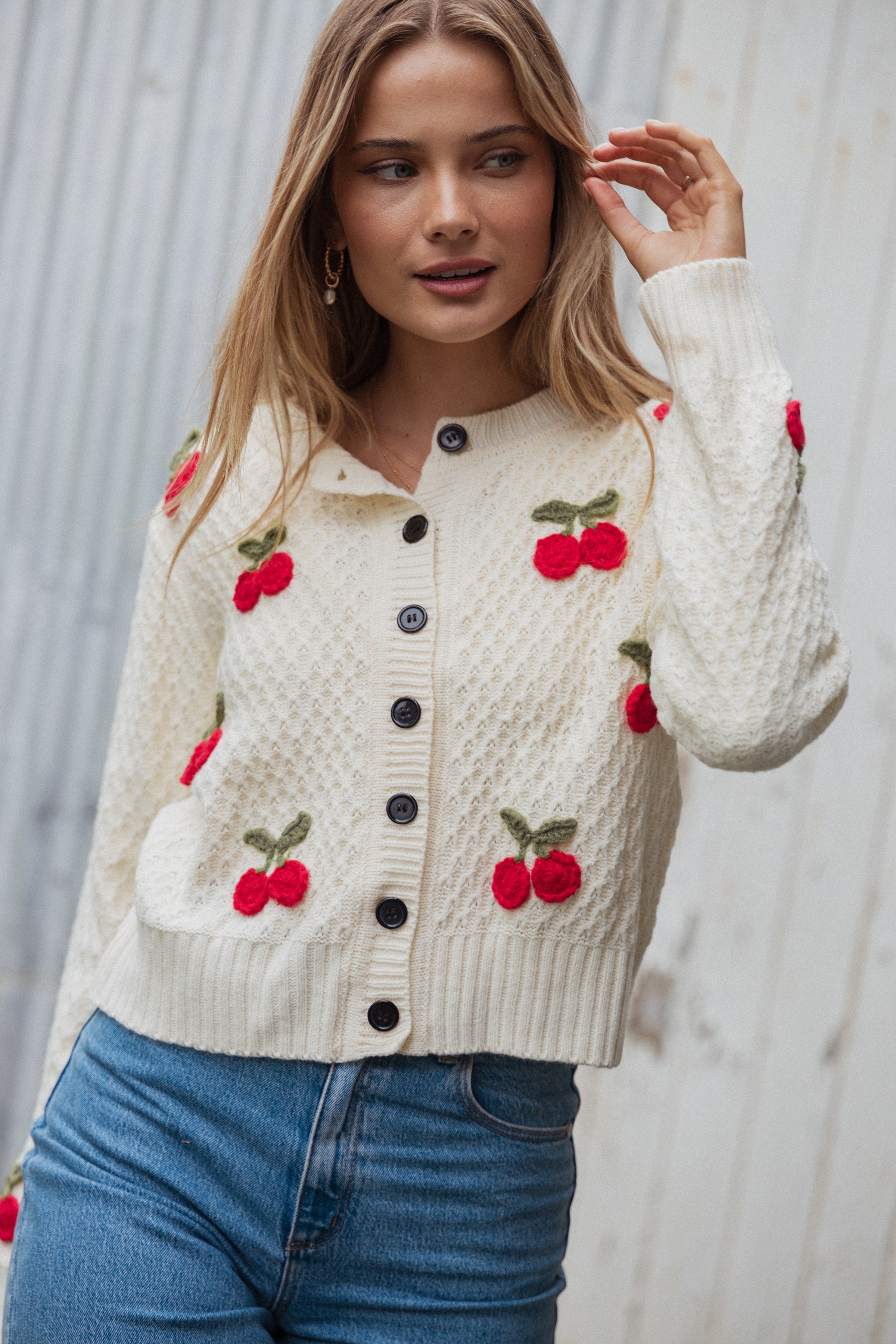 Petal and Pup USA KNITWEAR Trudie Cherry Cardigan - Cream