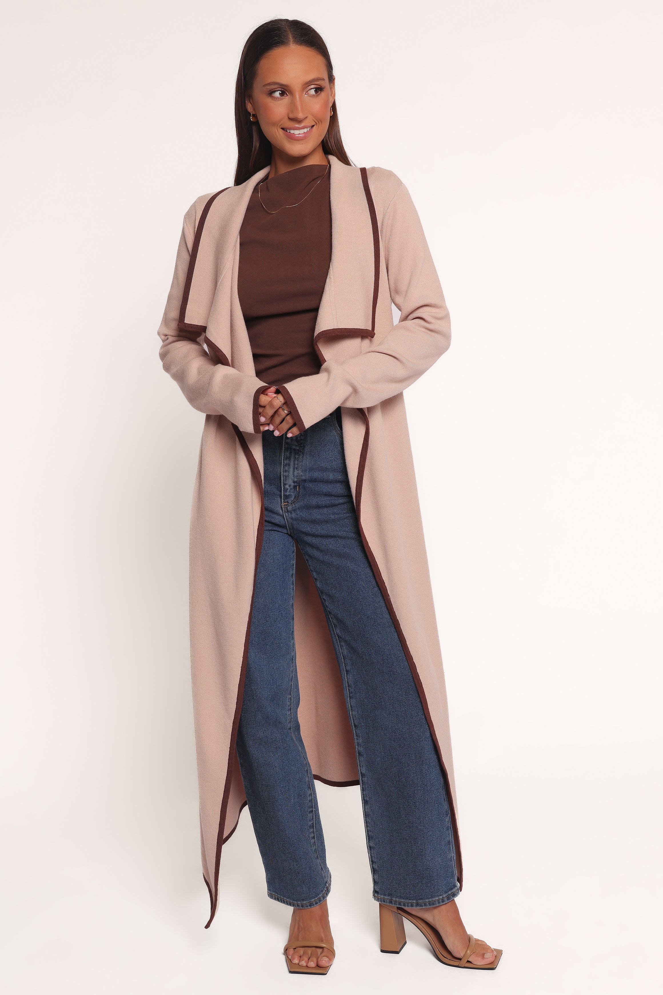 Petal and Pup USA KNITWEAR Vallis Contrast Trim Long Cardigan - Beige