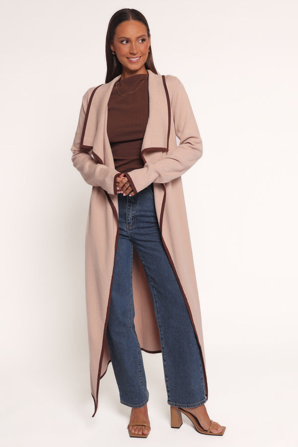Petal and Pup USA KNITWEAR Vallis Contrast Trim Long Cardigan - Beige