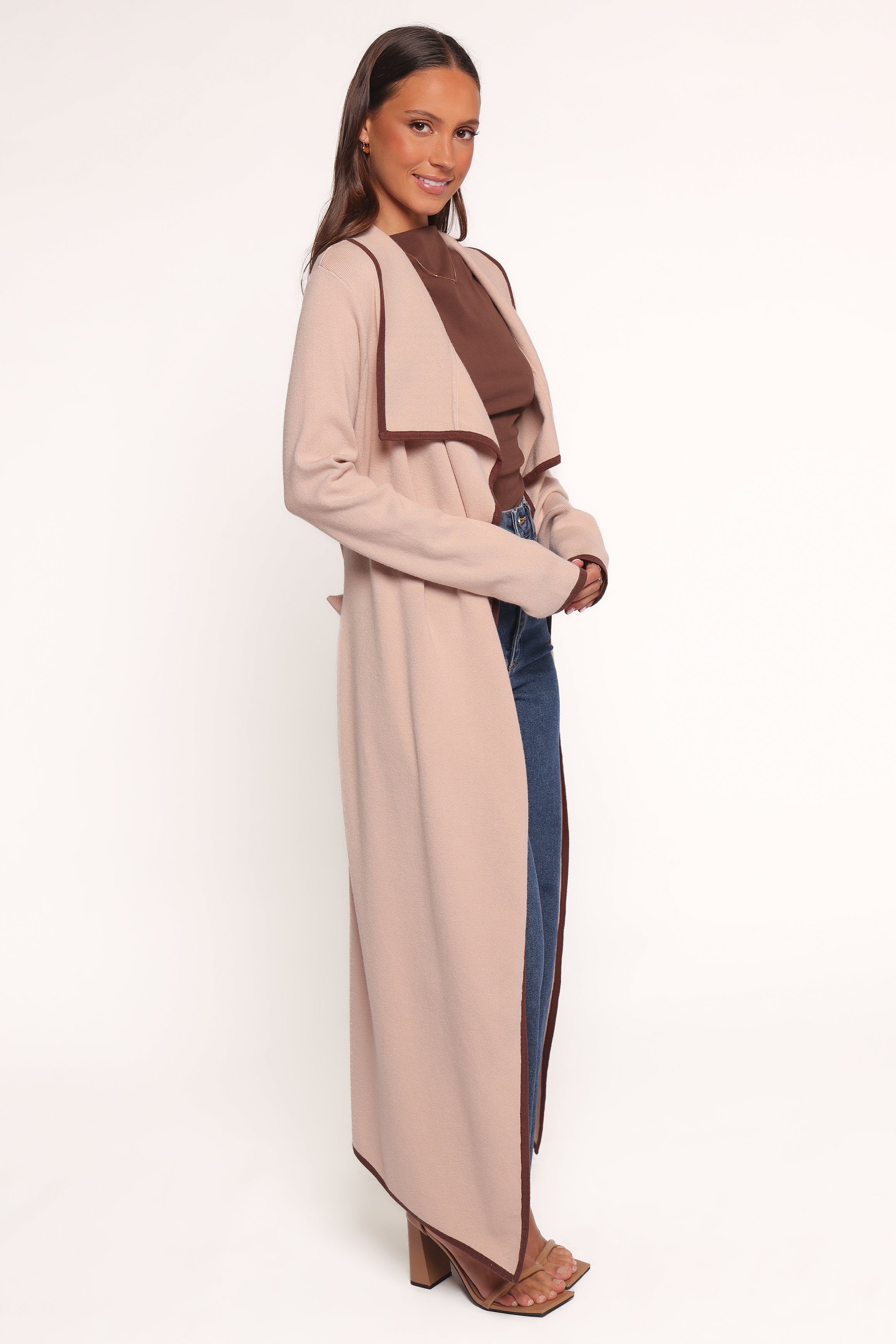 Petal and Pup USA KNITWEAR Vallis Contrast Trim Long Cardigan - Beige