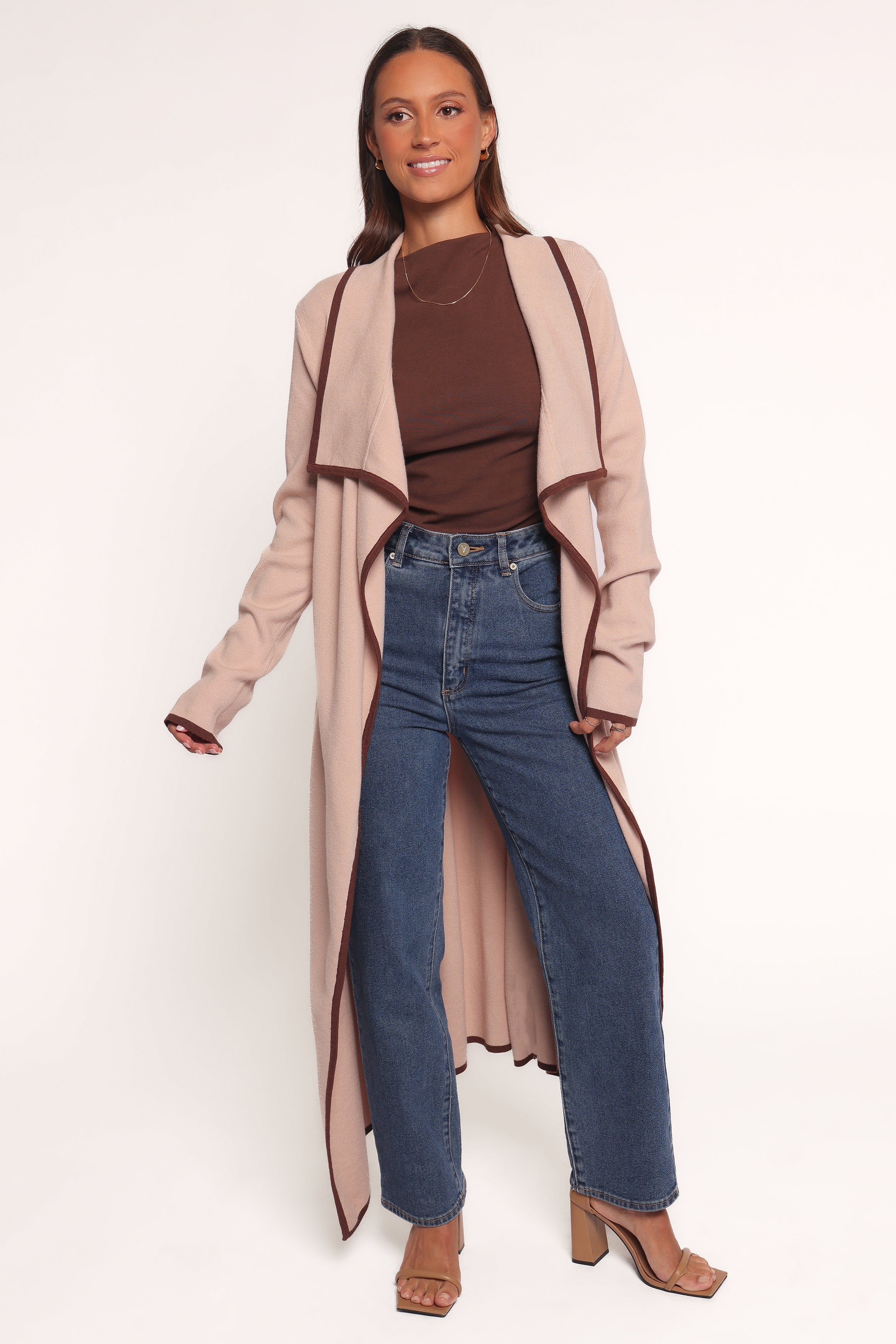 Petal and Pup USA KNITWEAR Vallis Contrast Trim Long Cardigan - Beige