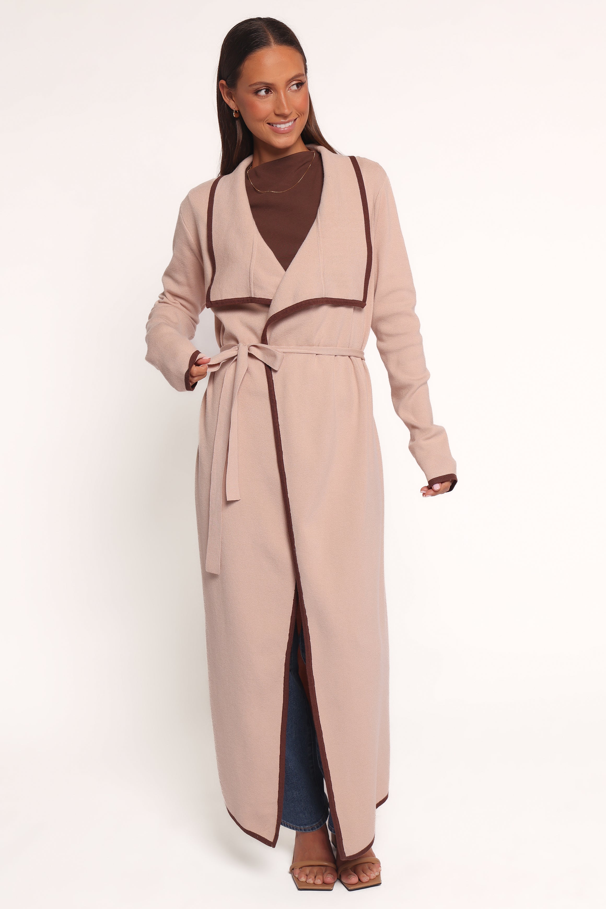 Petal and Pup USA KNITWEAR Vallis Contrast Trim Long Cardigan - Beige