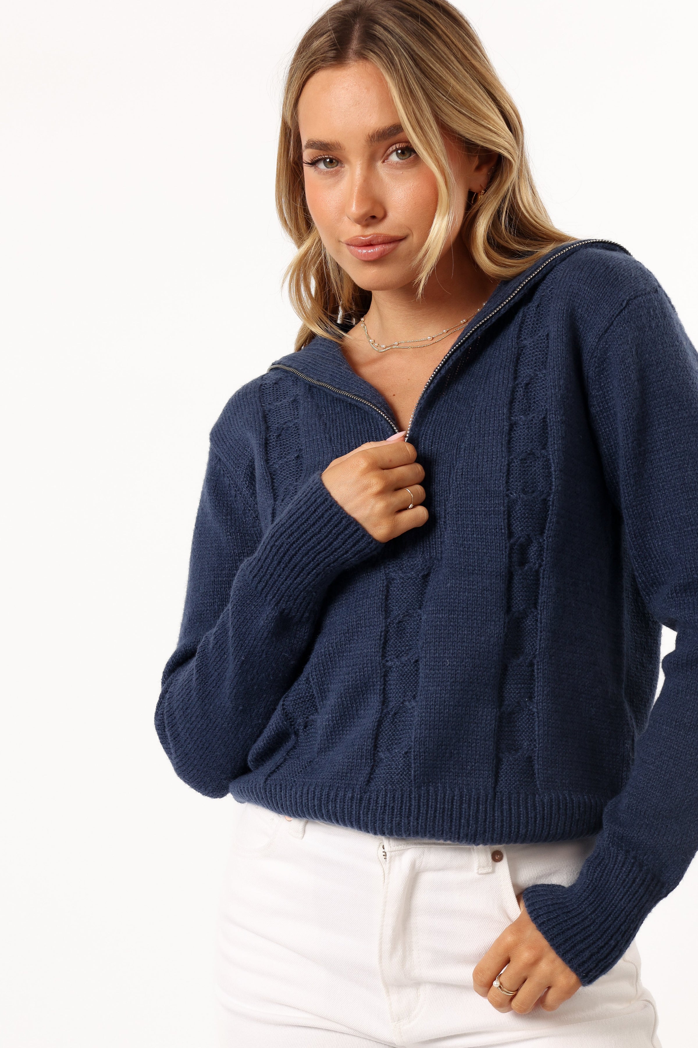 Petal and Pup USA KNITWEAR Viara Quarter Zip Knit Sweater - Navy