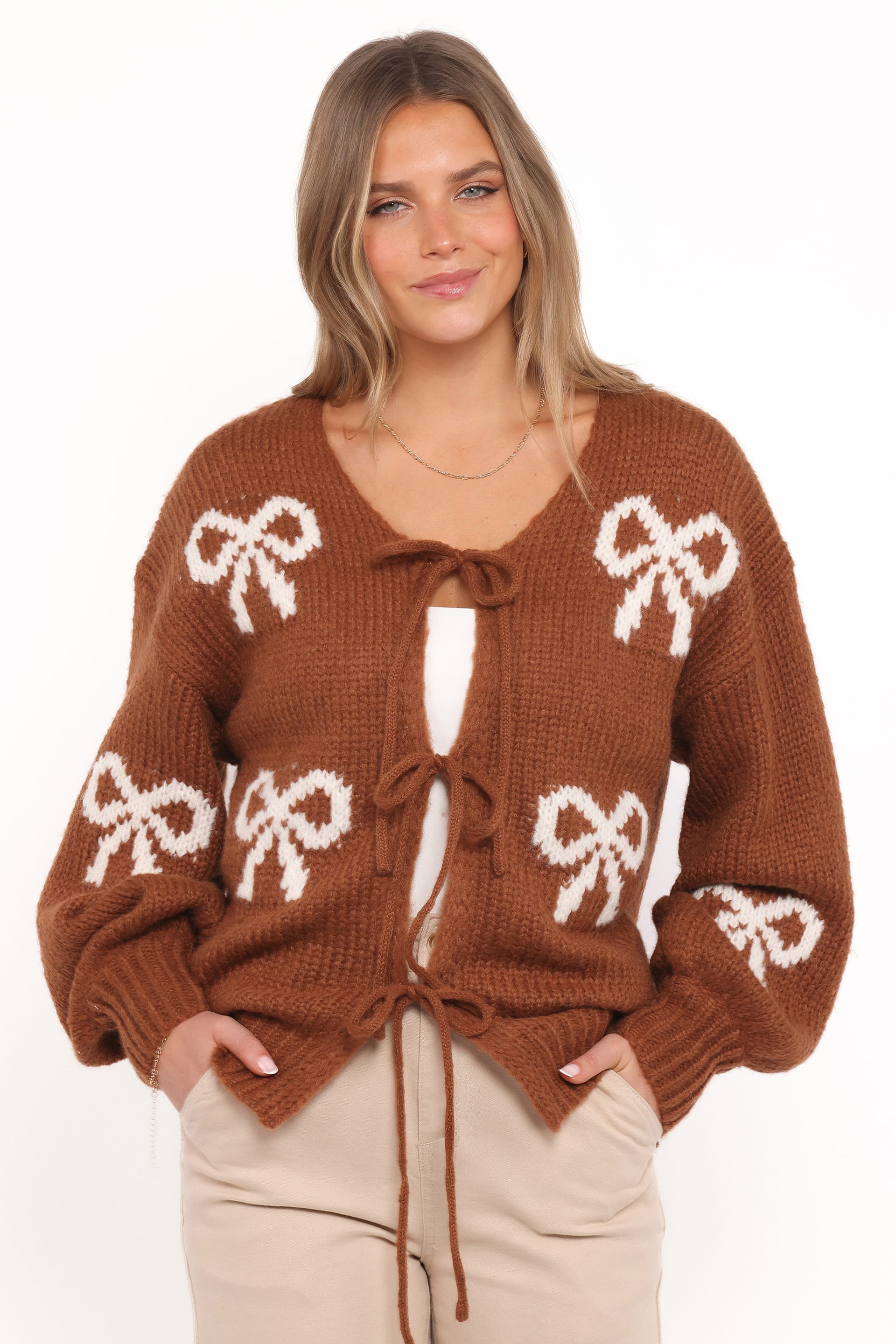 Petal and Pup USA KNITWEAR Vienna Bow Cardigan - Camel