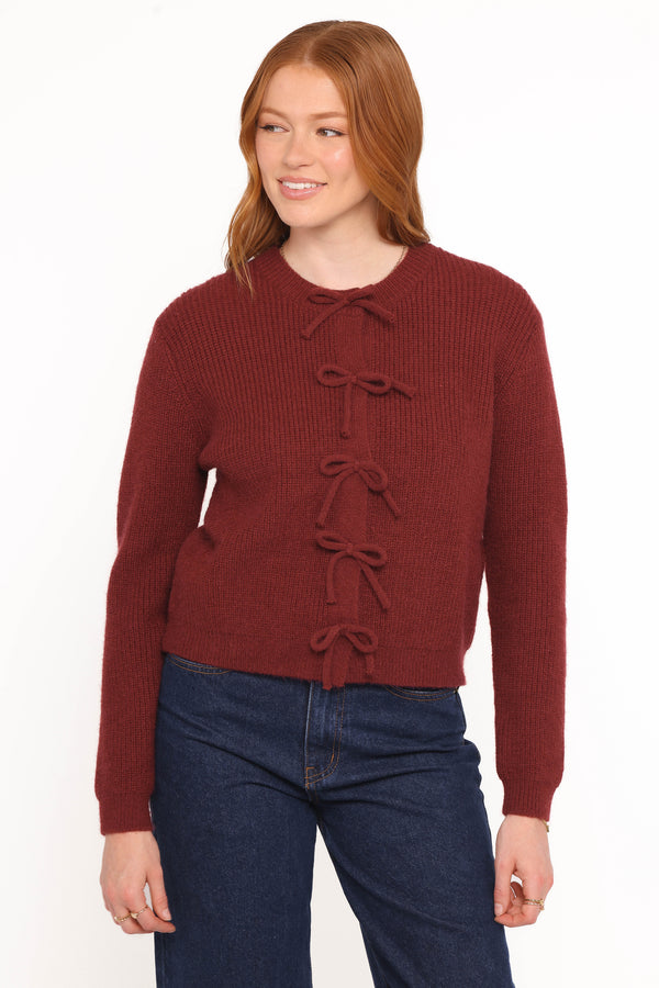 Petal and Pup USA KNITWEAR Wilde Bow Front Cardigan - Burgundy