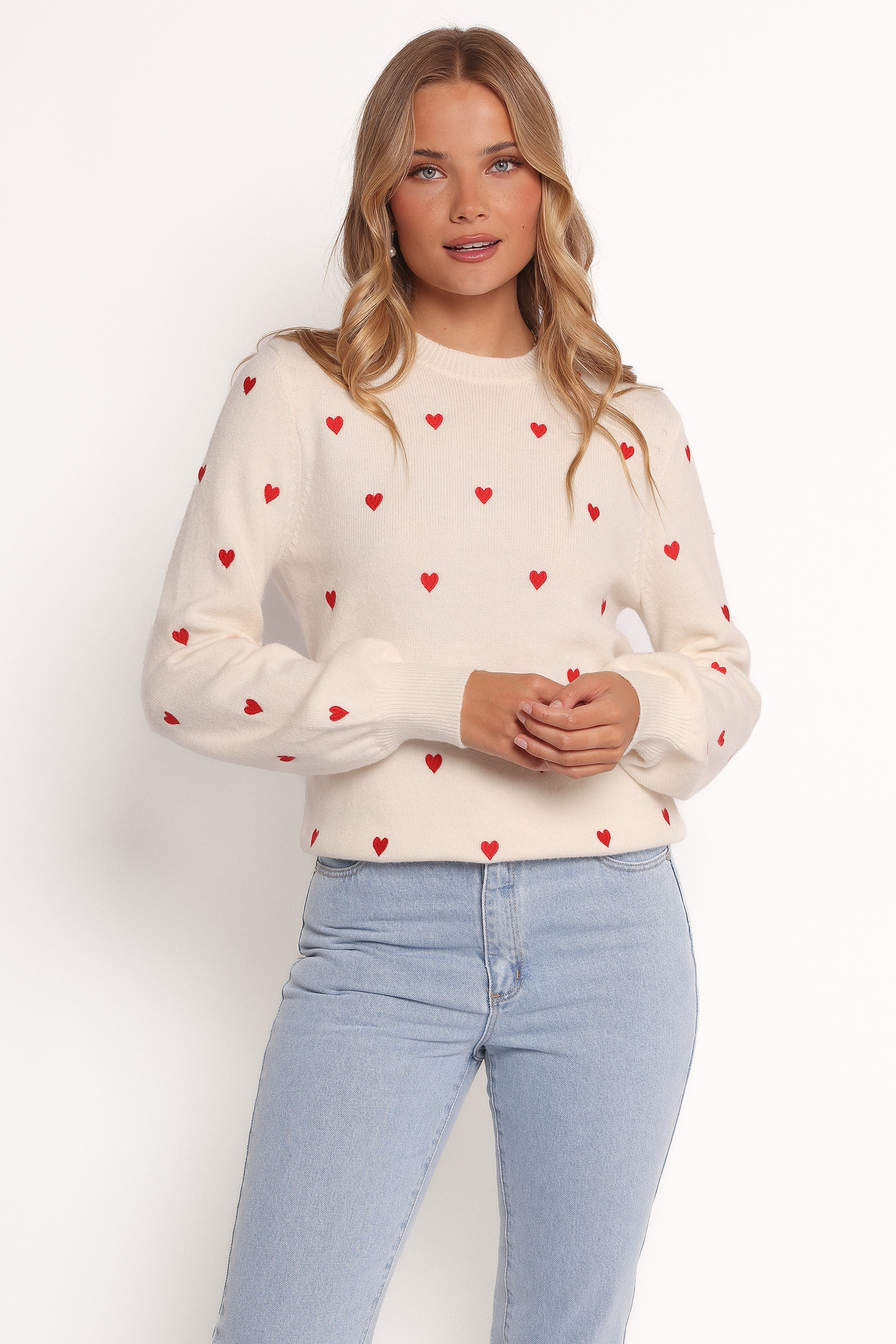 Petal and Pup USA KNITWEAR Xadie All Over Mini Heart Sweater - Cream/Red