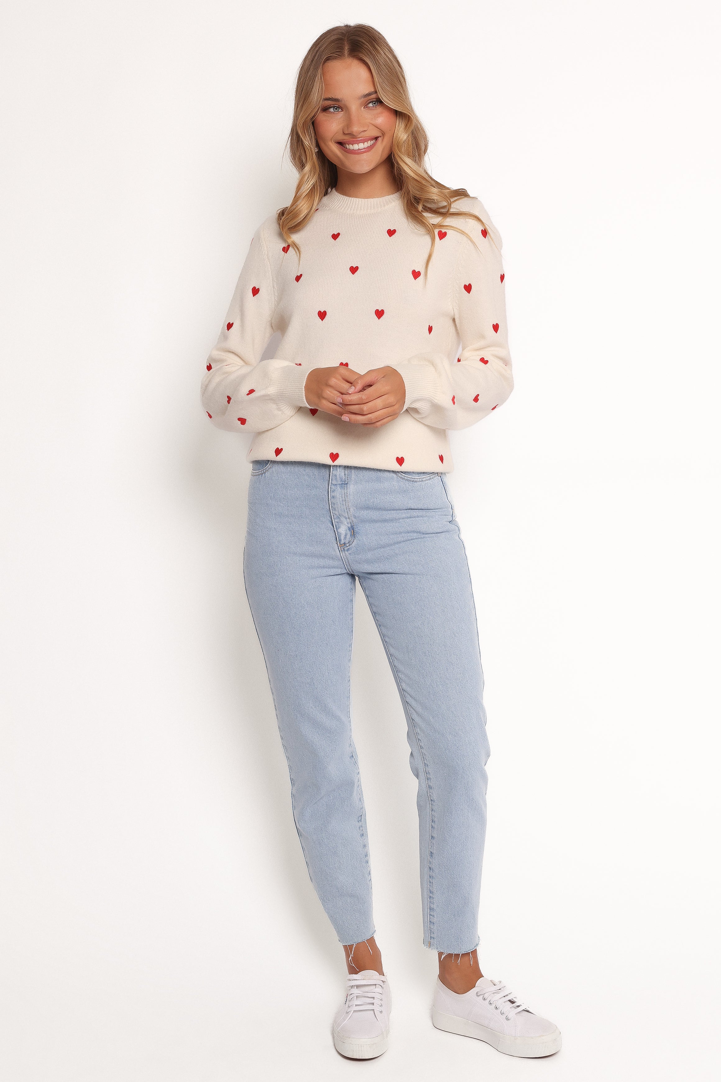Petal and Pup USA KNITWEAR Xadie All Over Mini Heart Sweater - Cream/Red