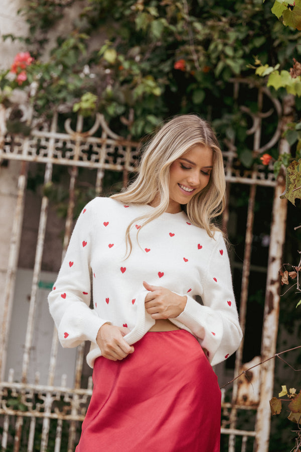 Petal and Pup USA KNITWEAR Xadie All Over Mini Heart Sweater - Cream/Red
