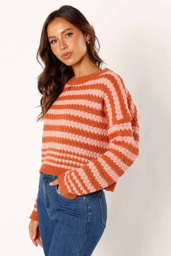 Petal and Pup USA KNITWEAR Yasmin Striped Crewneck Knit Sweater - Orange Pink