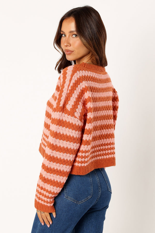 Petal and Pup USA KNITWEAR Yasmin Striped Crewneck Knit Sweater - Orange Pink