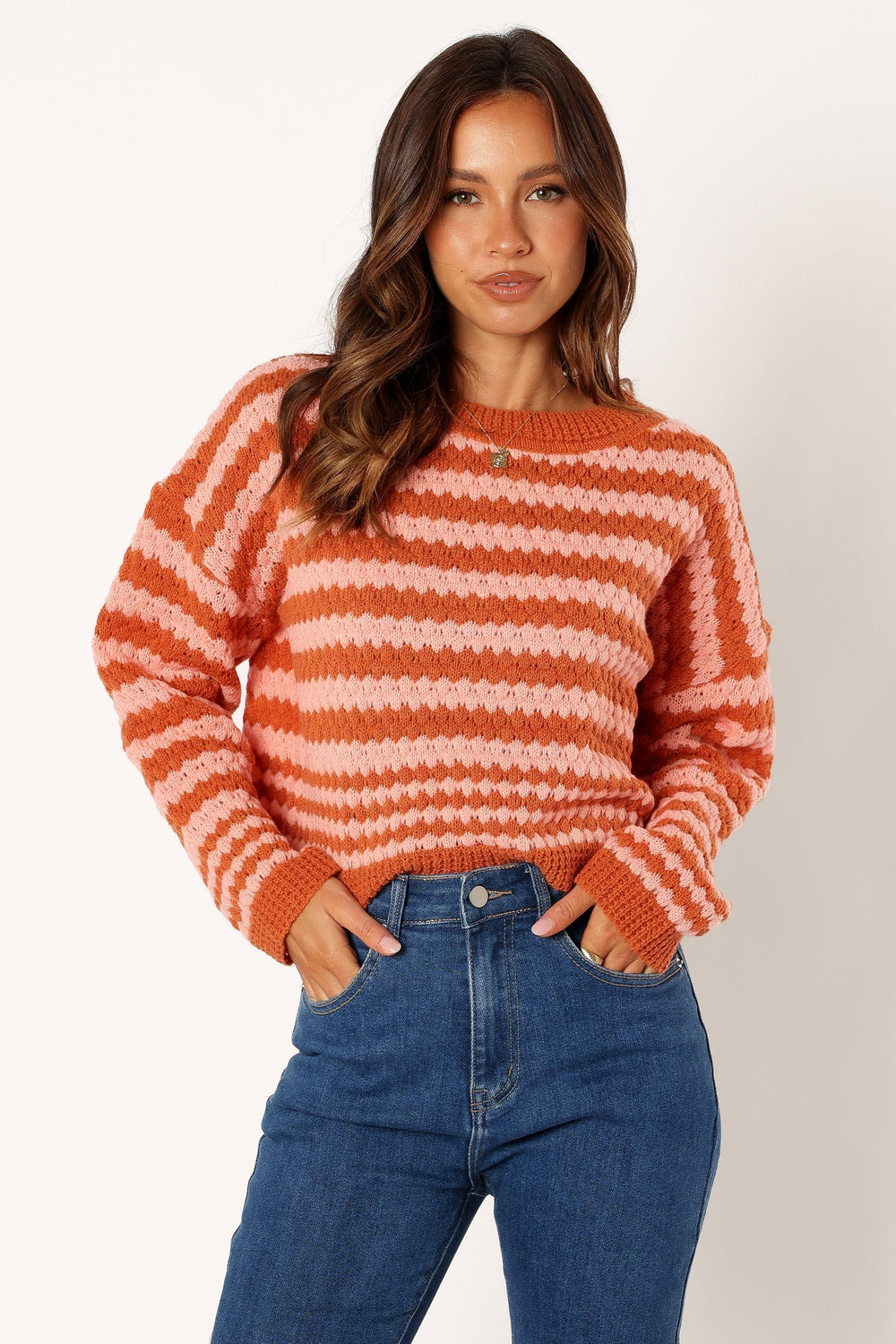 Petal and Pup USA KNITWEAR Yasmin Striped Crewneck Knit Sweater - Orange Pink