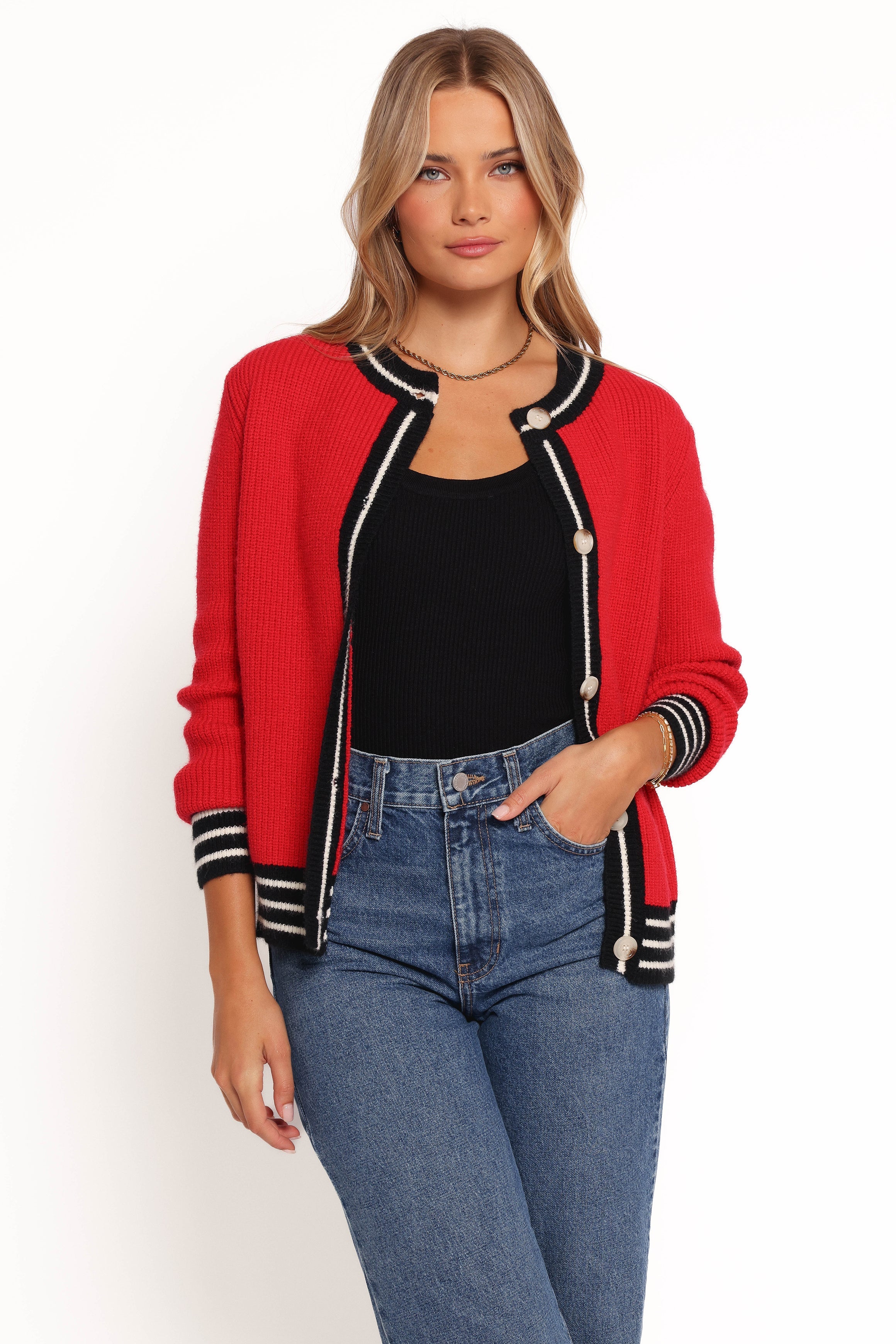 Petal and Pup USA KNITWEAR Yorkshire Contrast Hem Cardigan - Red