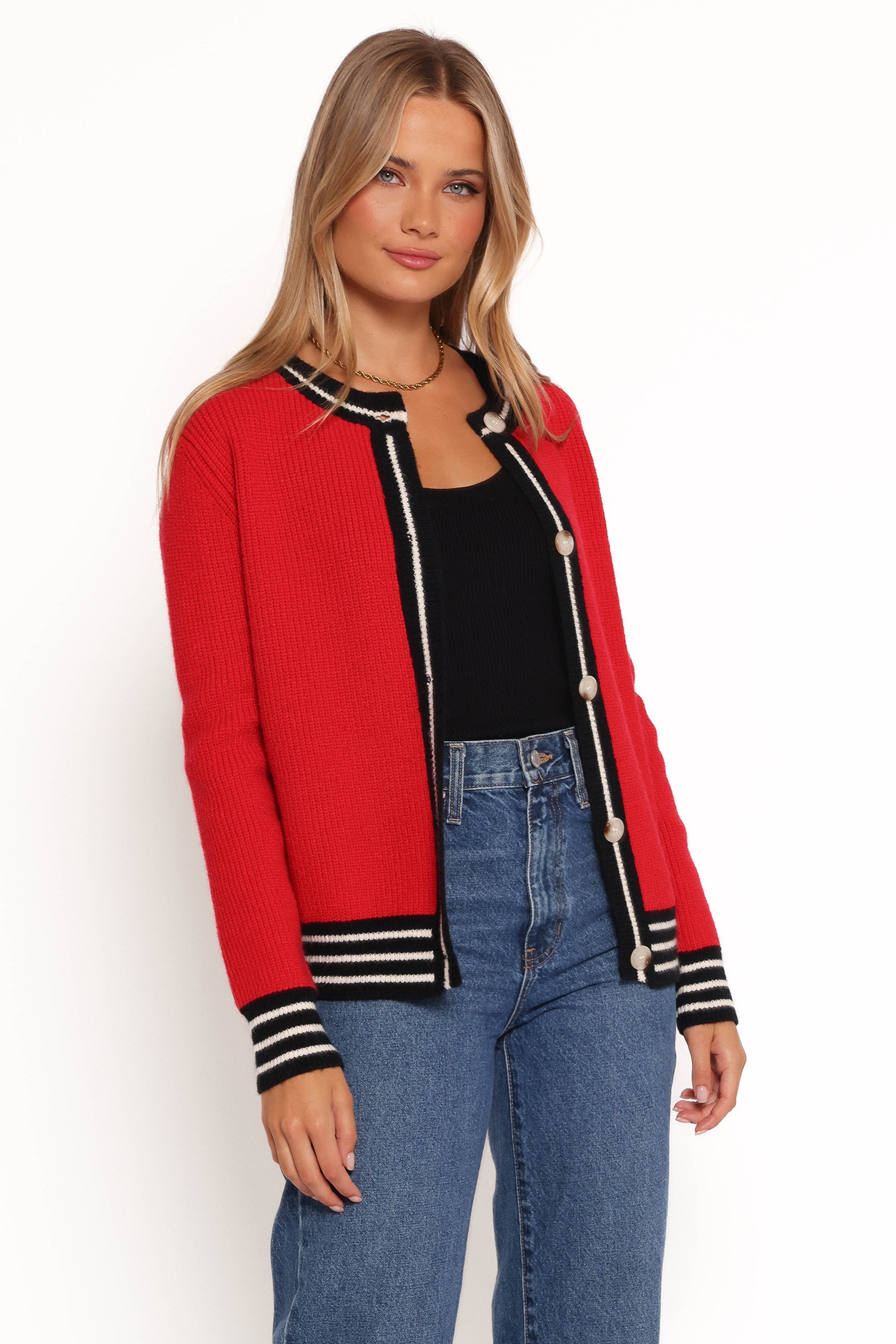 Petal and Pup USA KNITWEAR Yorkshire Contrast Hem Cardigan - Red