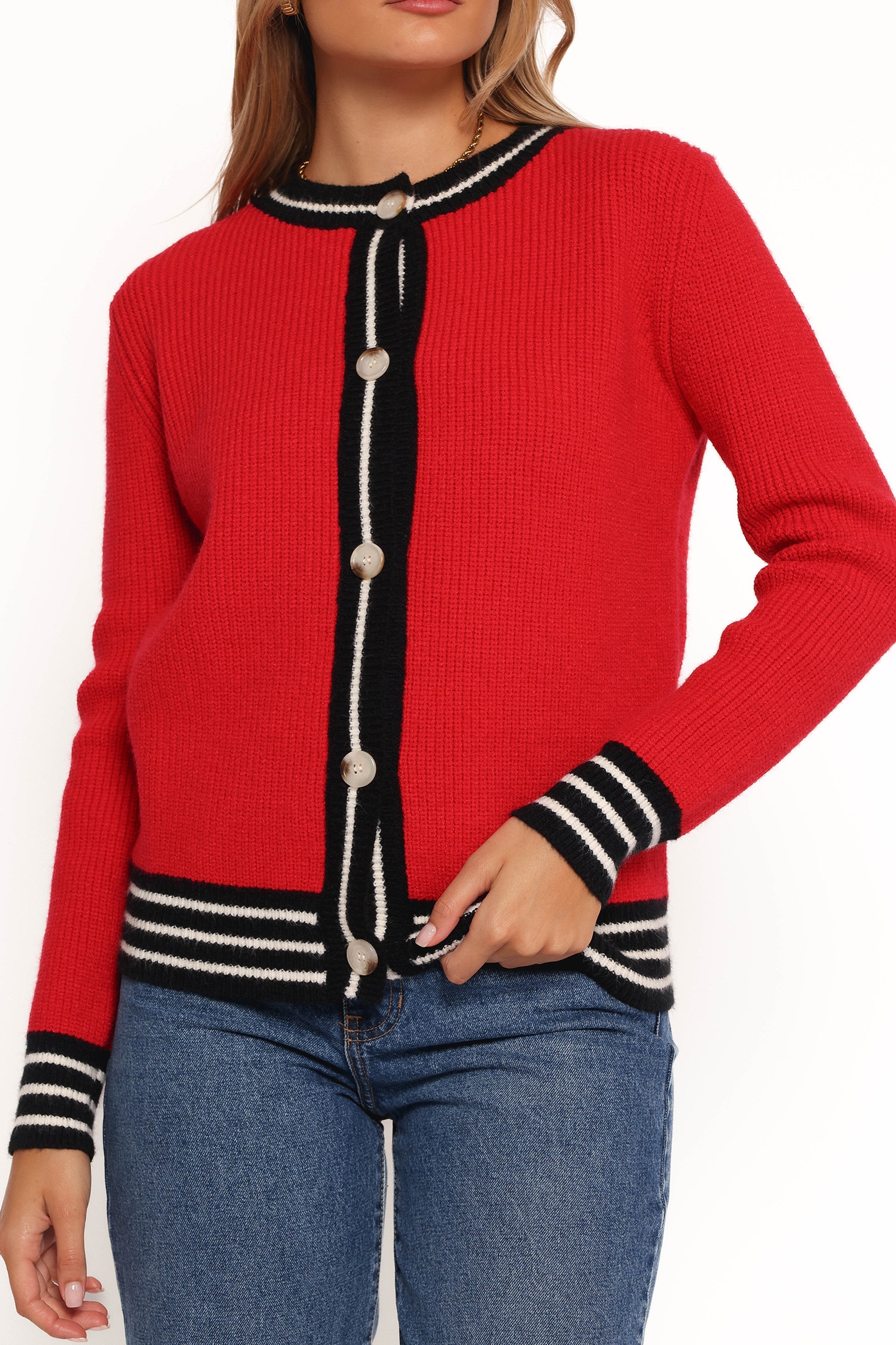 Petal and Pup USA KNITWEAR Yorkshire Contrast Hem Cardigan - Red
