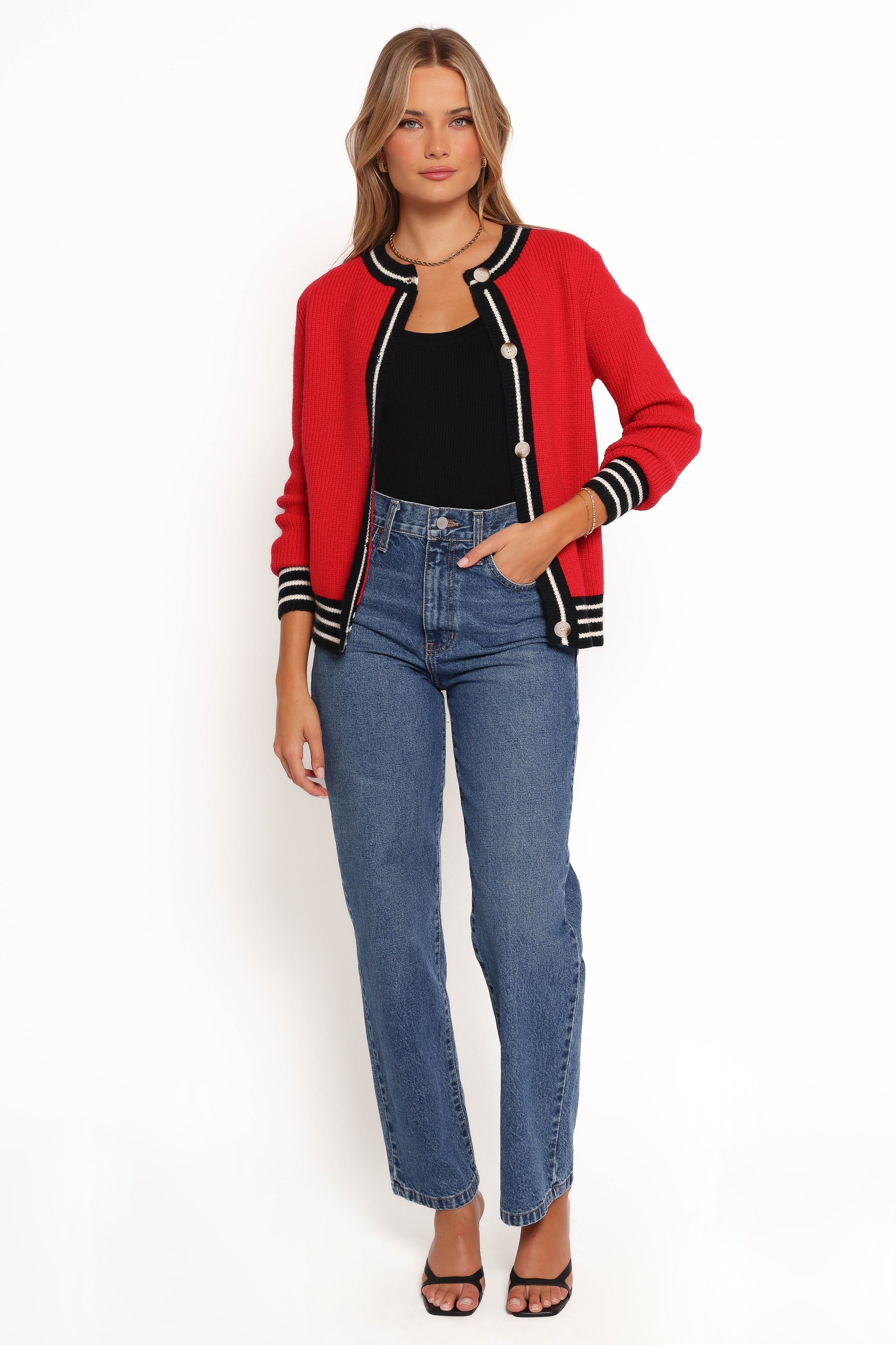 Petal and Pup USA KNITWEAR Yorkshire Contrast Hem Cardigan - Red