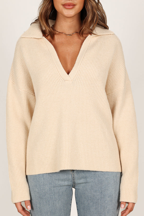 Petal and Pup USA Knitwear Zala Vneck Collar Knit Sweater - Beige