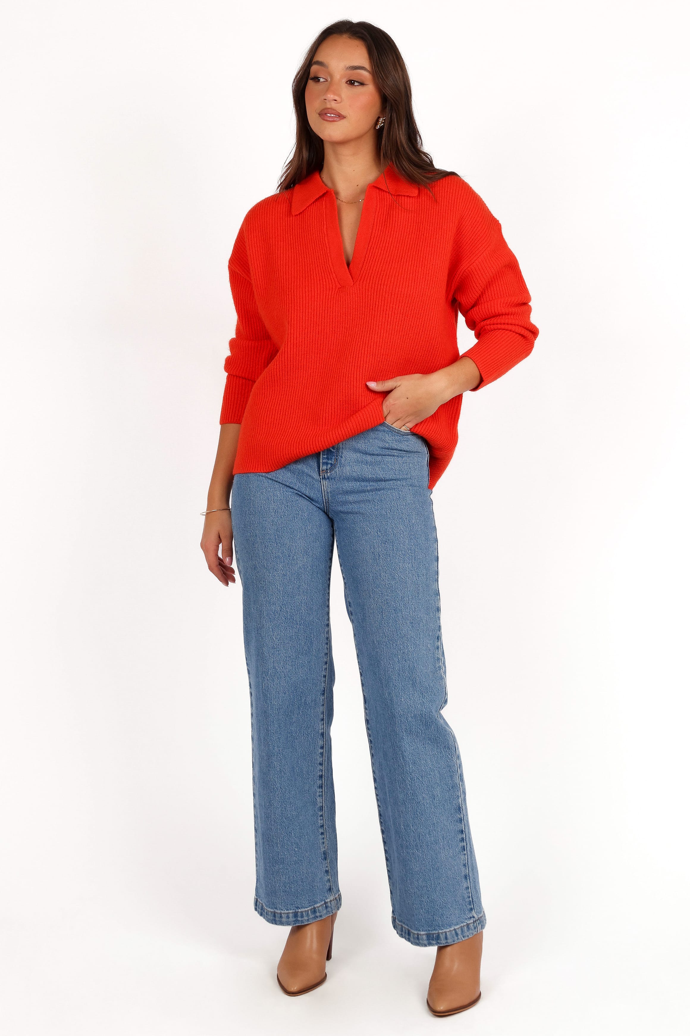 Petal and Pup USA KNITWEAR Zala Vneck Collar Knit Sweater - Red