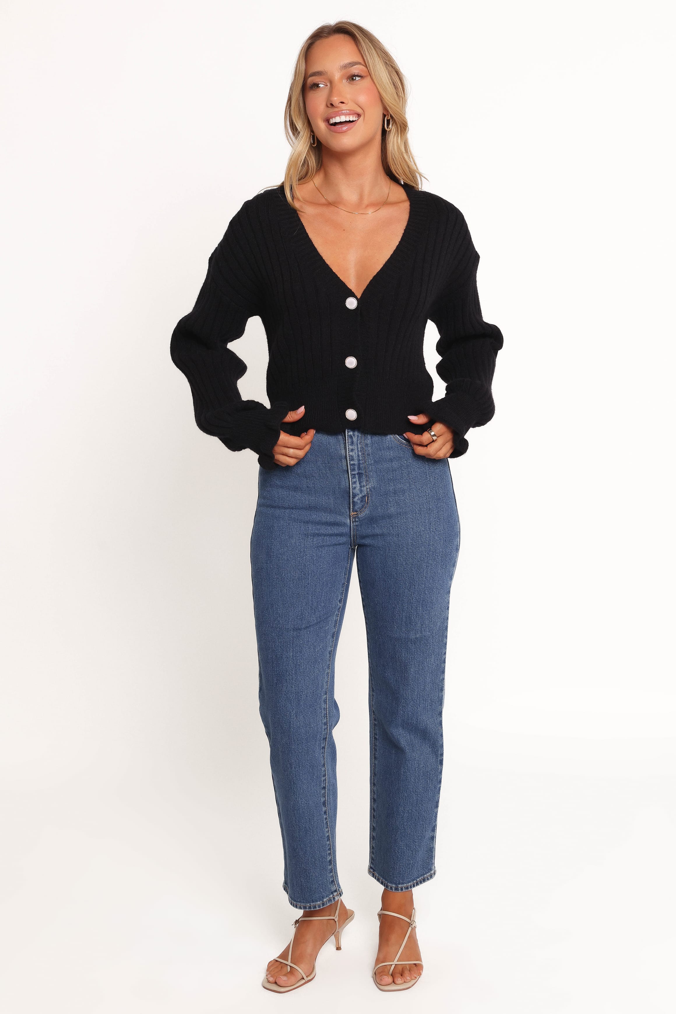 Petal and Pup USA KNITWEAR Zana Ribbed Ruffle Cuff Knit Sweater - Black (Hold for Rack)