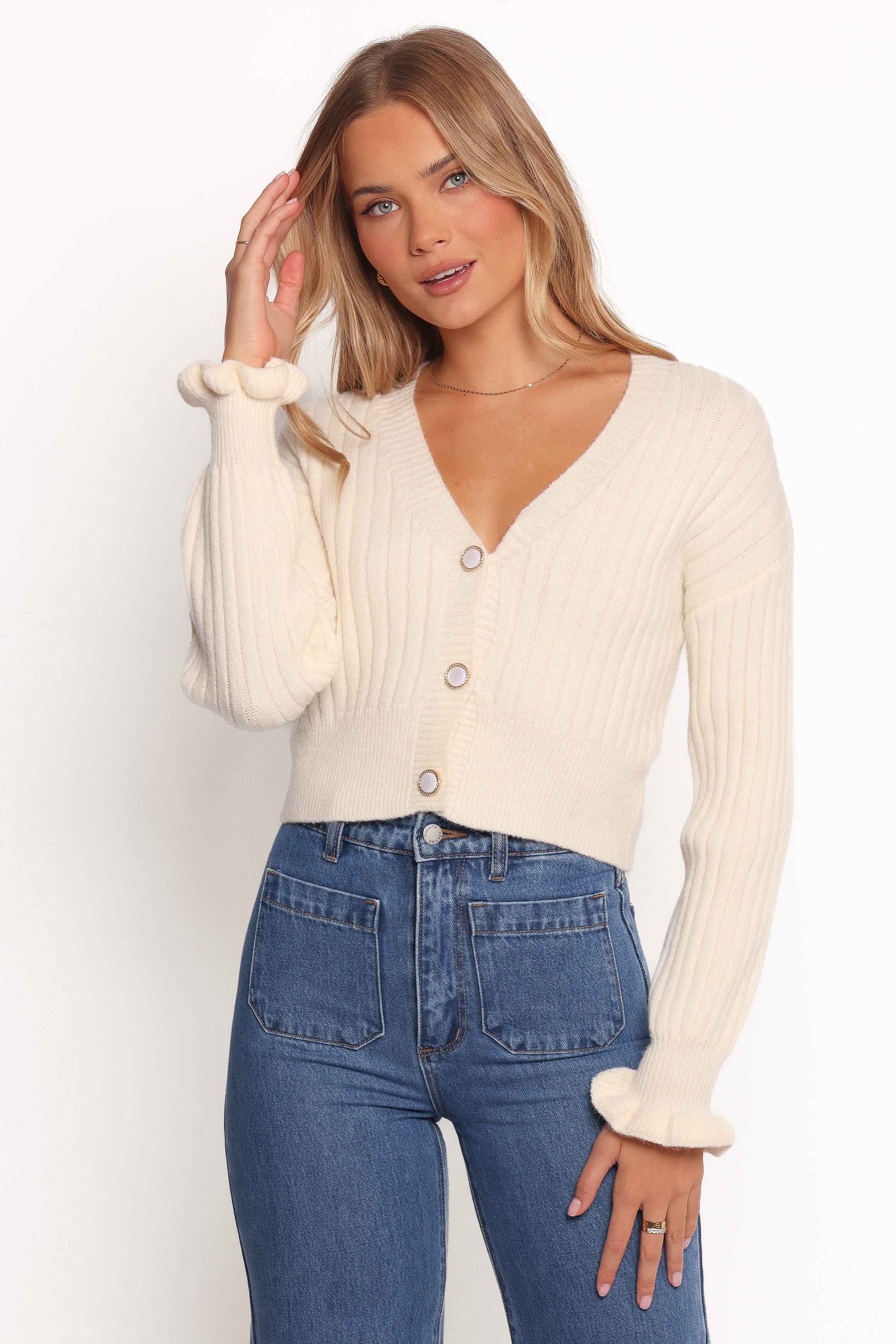 Petal and Pup USA KNITWEAR Zana Ribbed Ruffle Cuff Knit Sweater - Cream