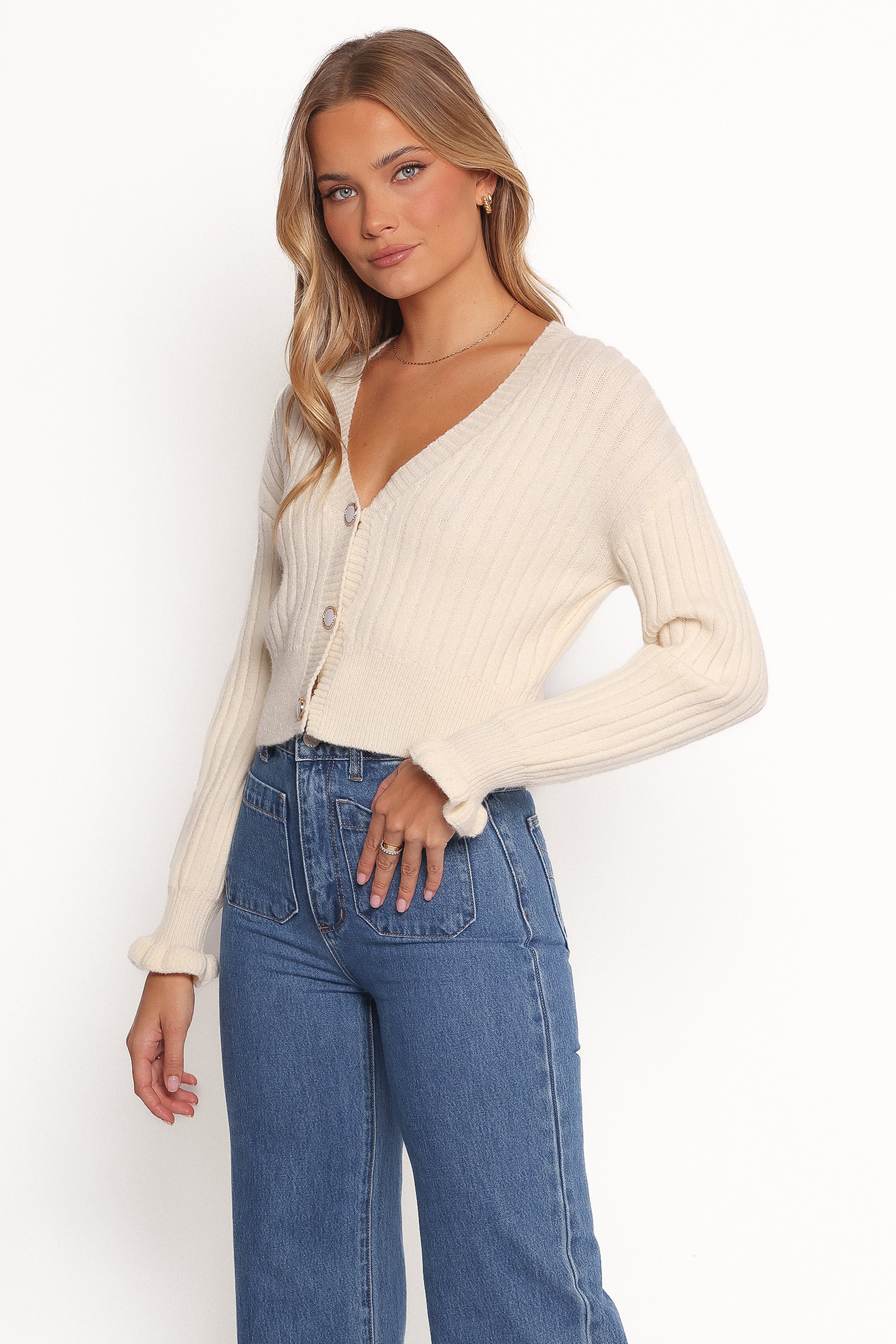 Petal and Pup USA KNITWEAR Zana Ribbed Ruffle Cuff Knit Sweater - Cream