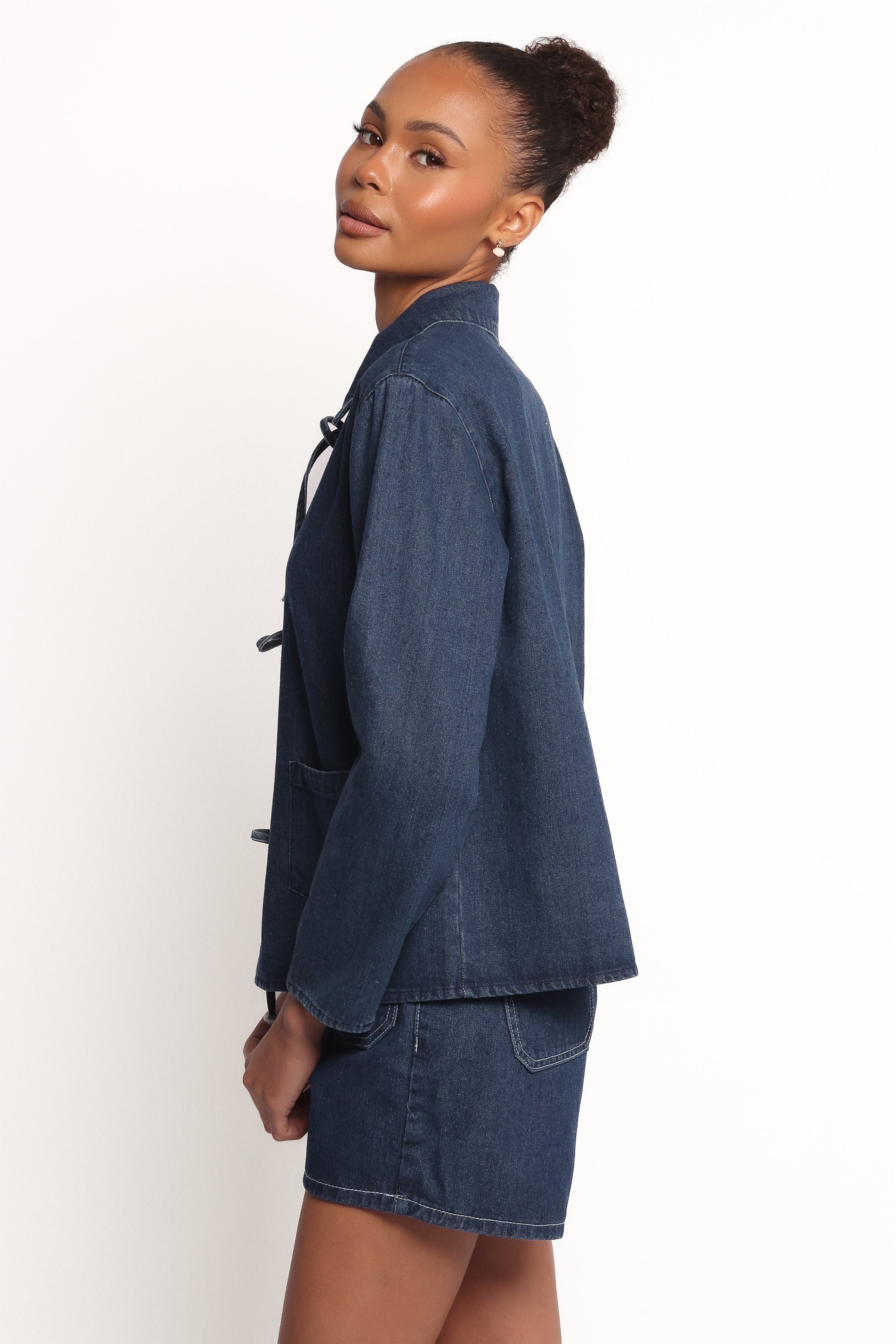 Petal and Pup USA OUTERWEAR Avon Bow Front Denim Shacket - Denim