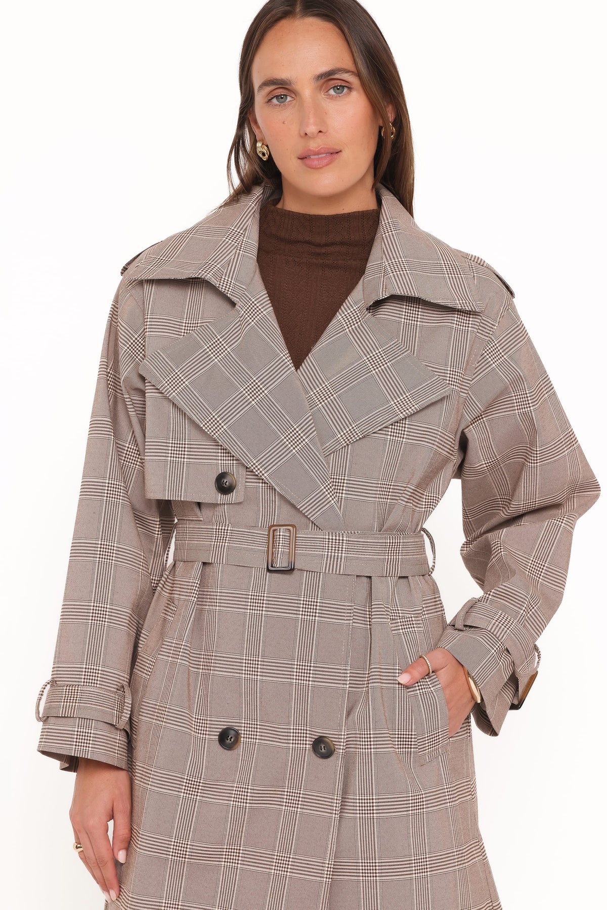 Petal and Pup USA OUTERWEAR Billy Button Front Trench Coat - Brown Plaid