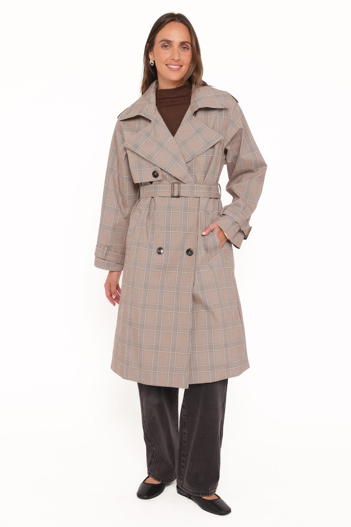 Petal and Pup USA OUTERWEAR Billy Button Front Trench Coat - Brown Plaid