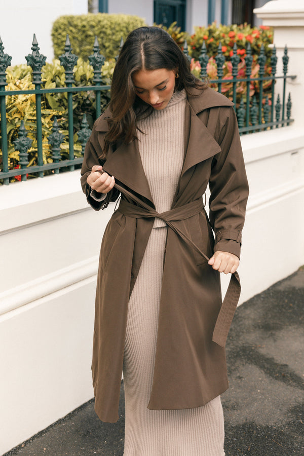 Petal and Pup USA OUTERWEAR Billy Button Front Trench Coat - Chocolate Brown