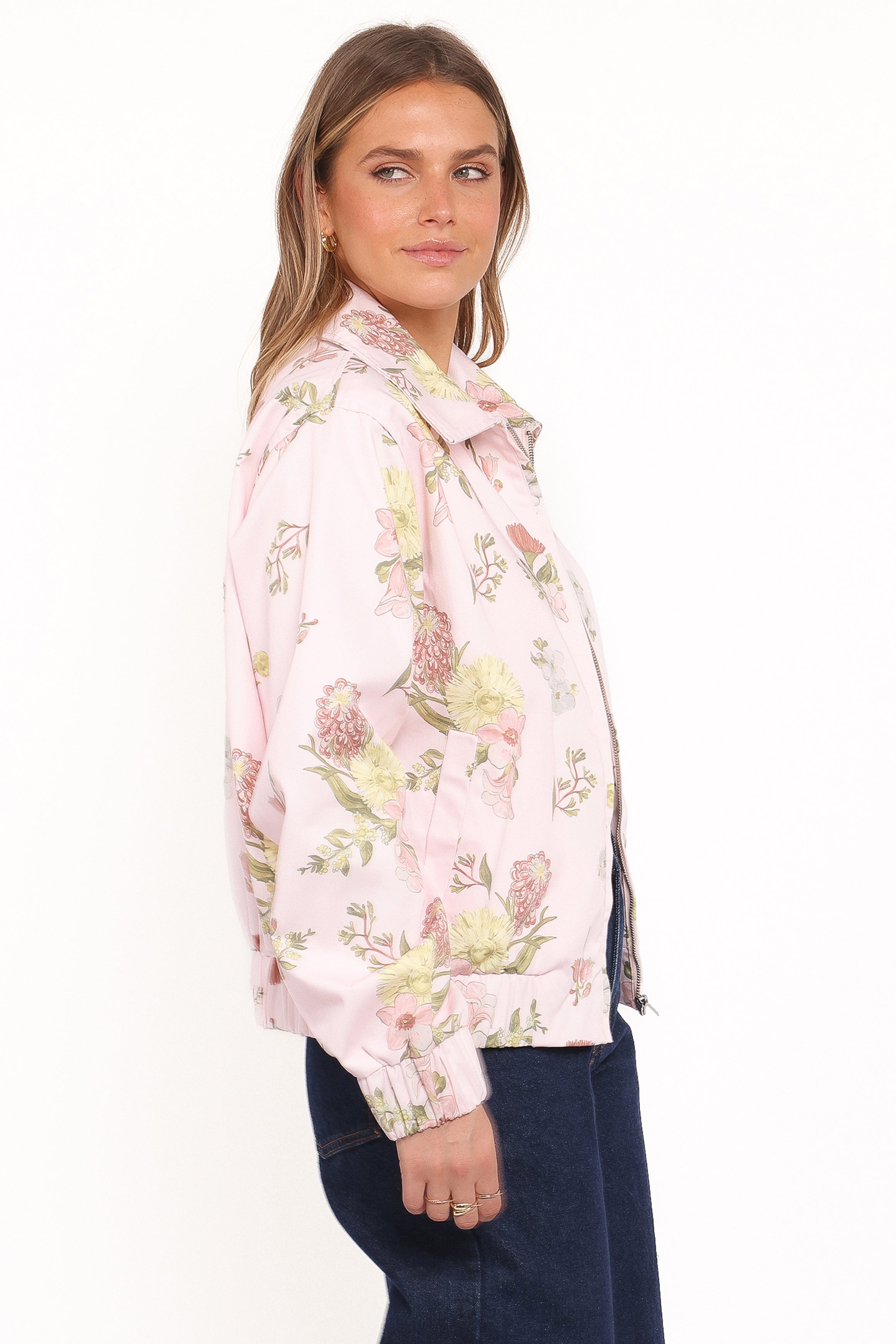 Petal and Pup USA OUTERWEAR Calvin Floral Twill Zip Jacket - Pale Pink Floral