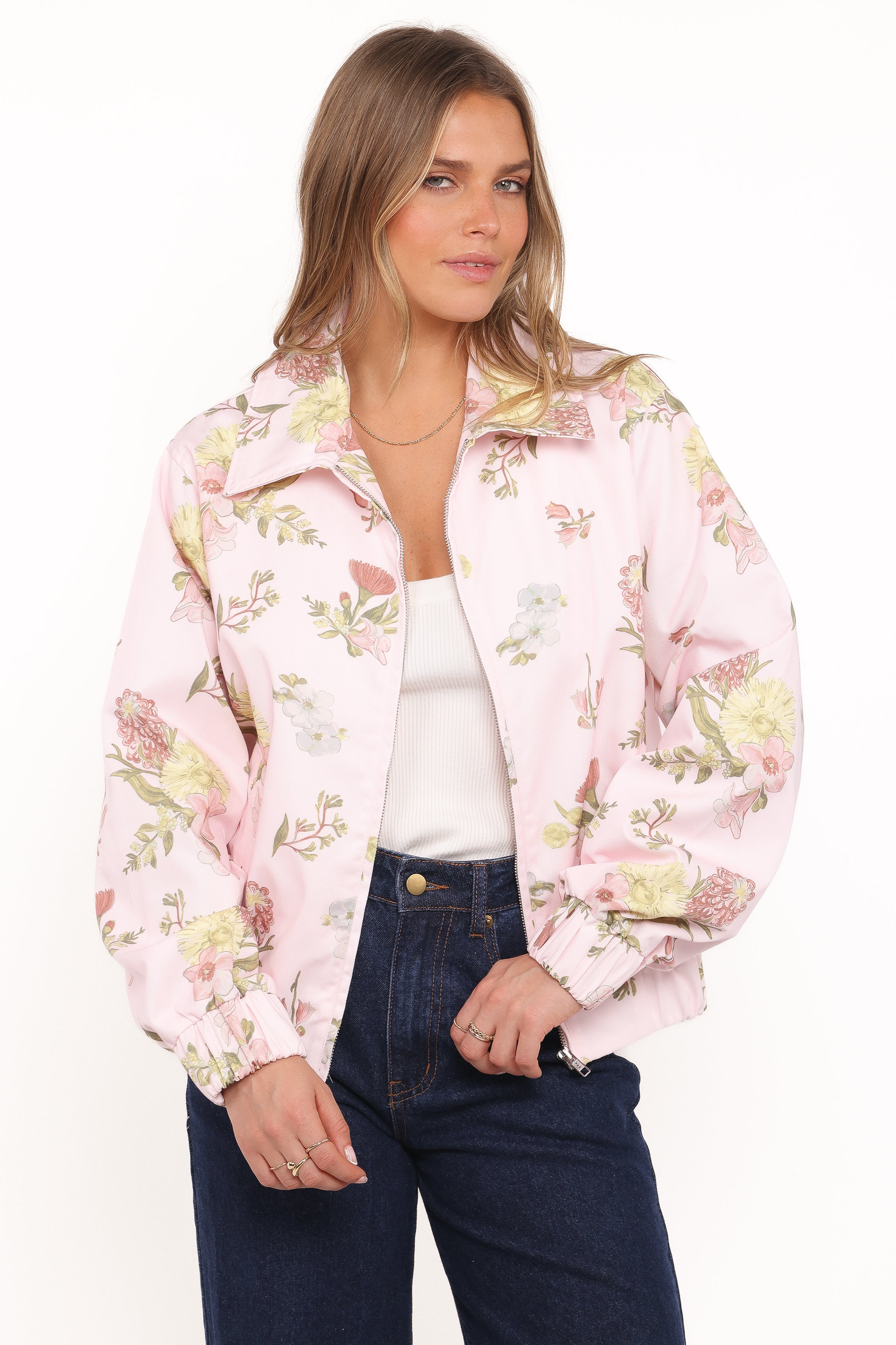 Petal and Pup USA OUTERWEAR Calvin Floral Twill Zip Jacket - Pale Pink Floral
