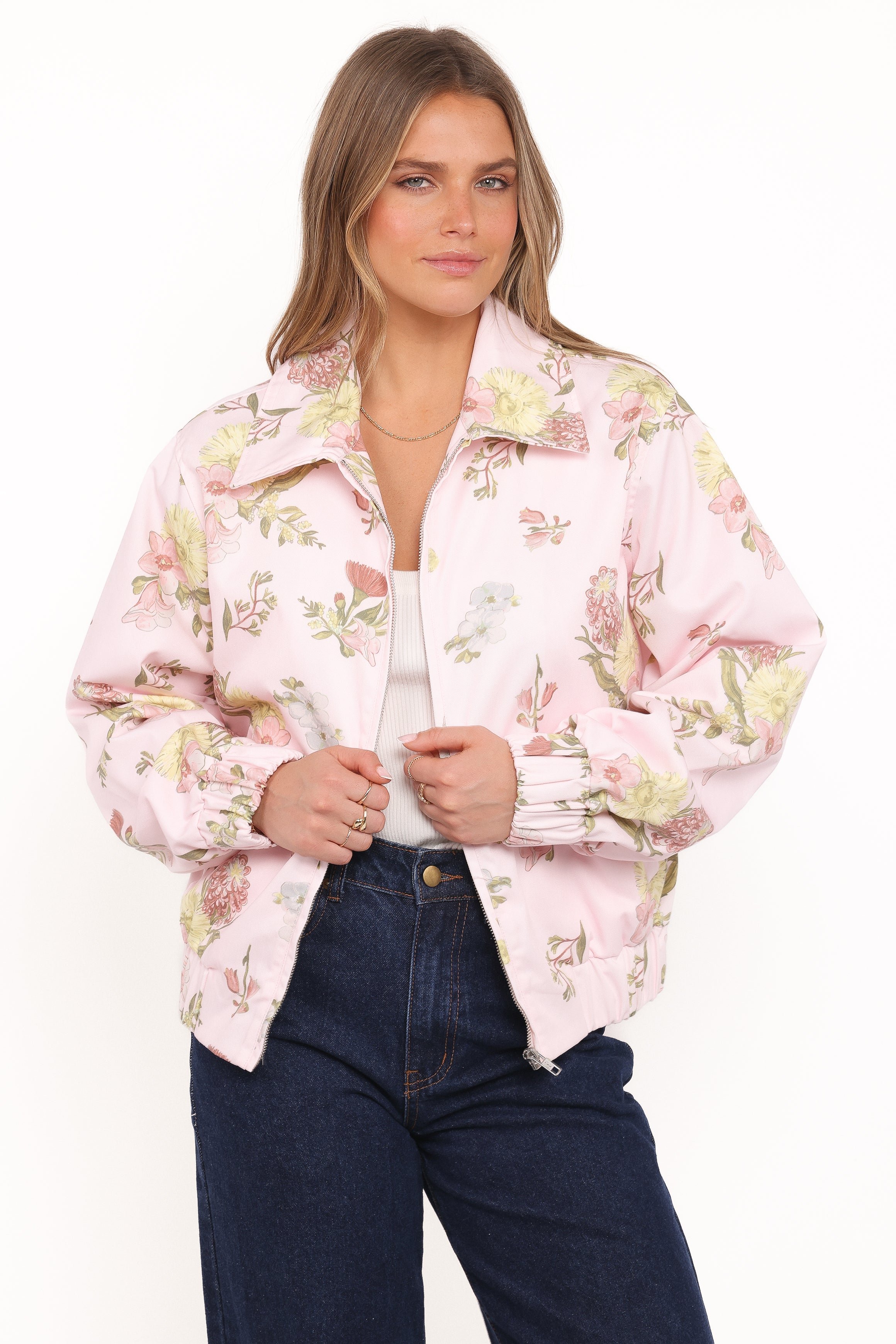 Petal and Pup USA OUTERWEAR Calvin Floral Twill Zip Jacket - Pale Pink Floral
