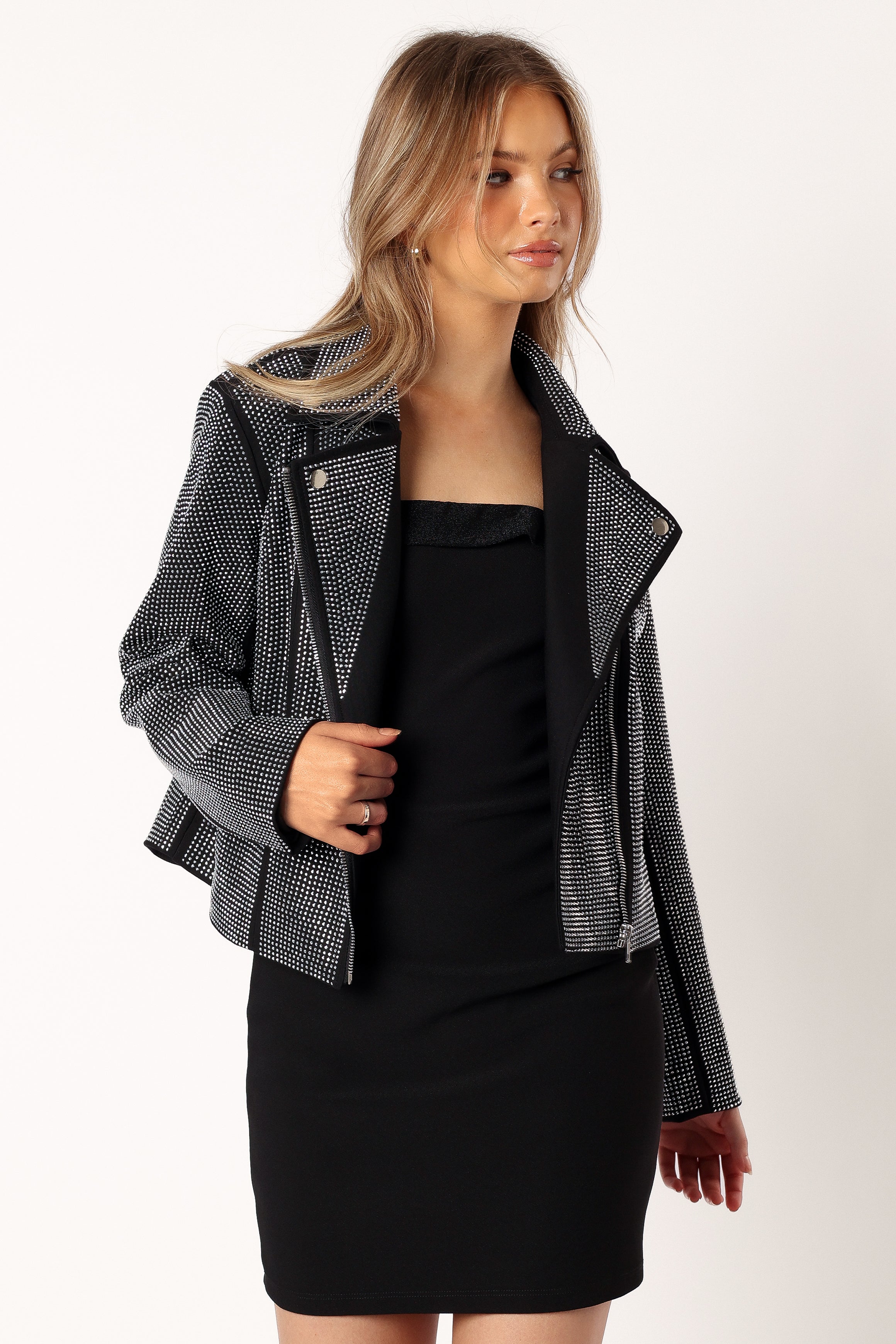 Elaina Crystal Studded Moto Jacket - Black | Petal & Pup USA