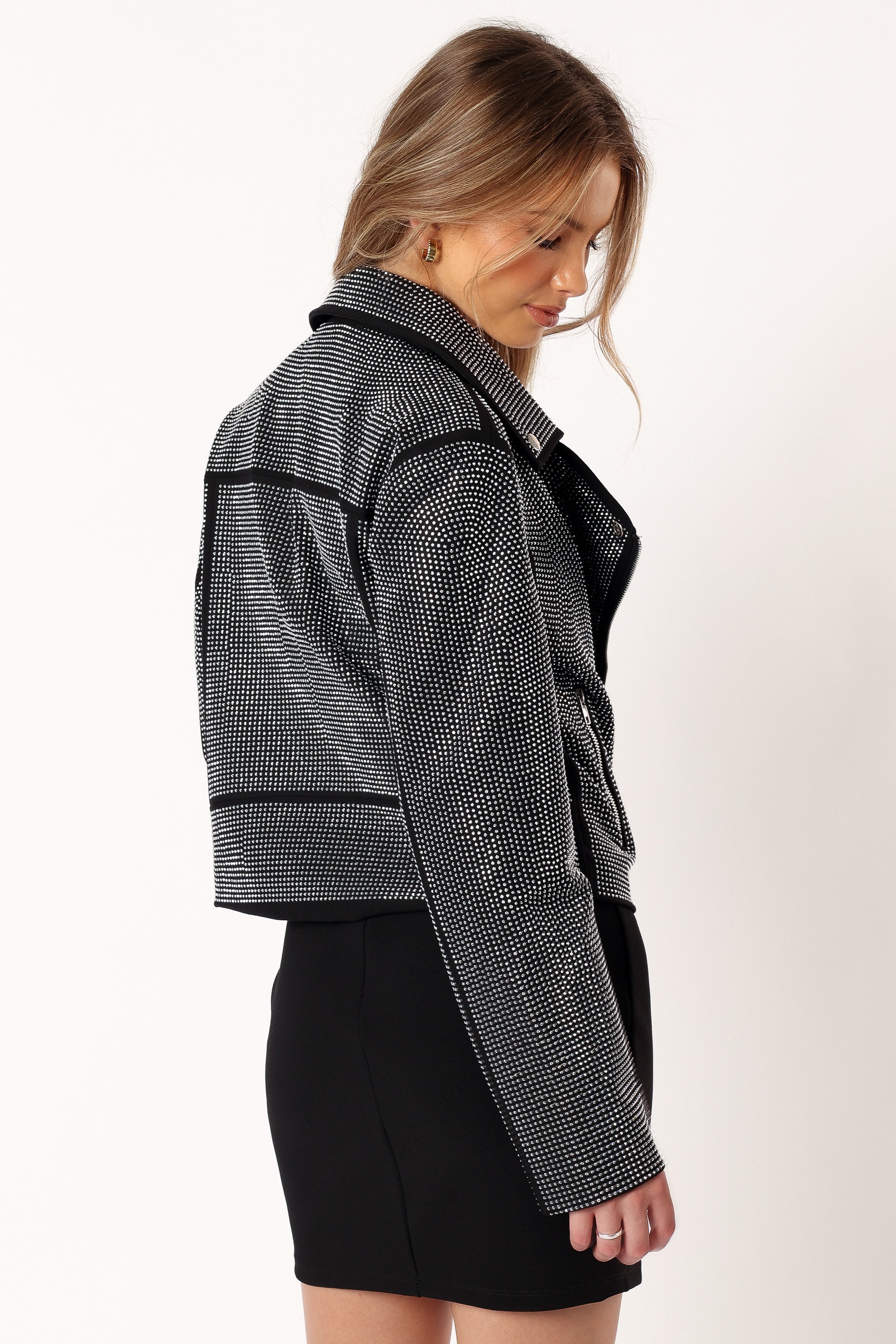 Petal and Pup USA OUTERWEAR Elaina Crystal Studded Moto Jacket - Black