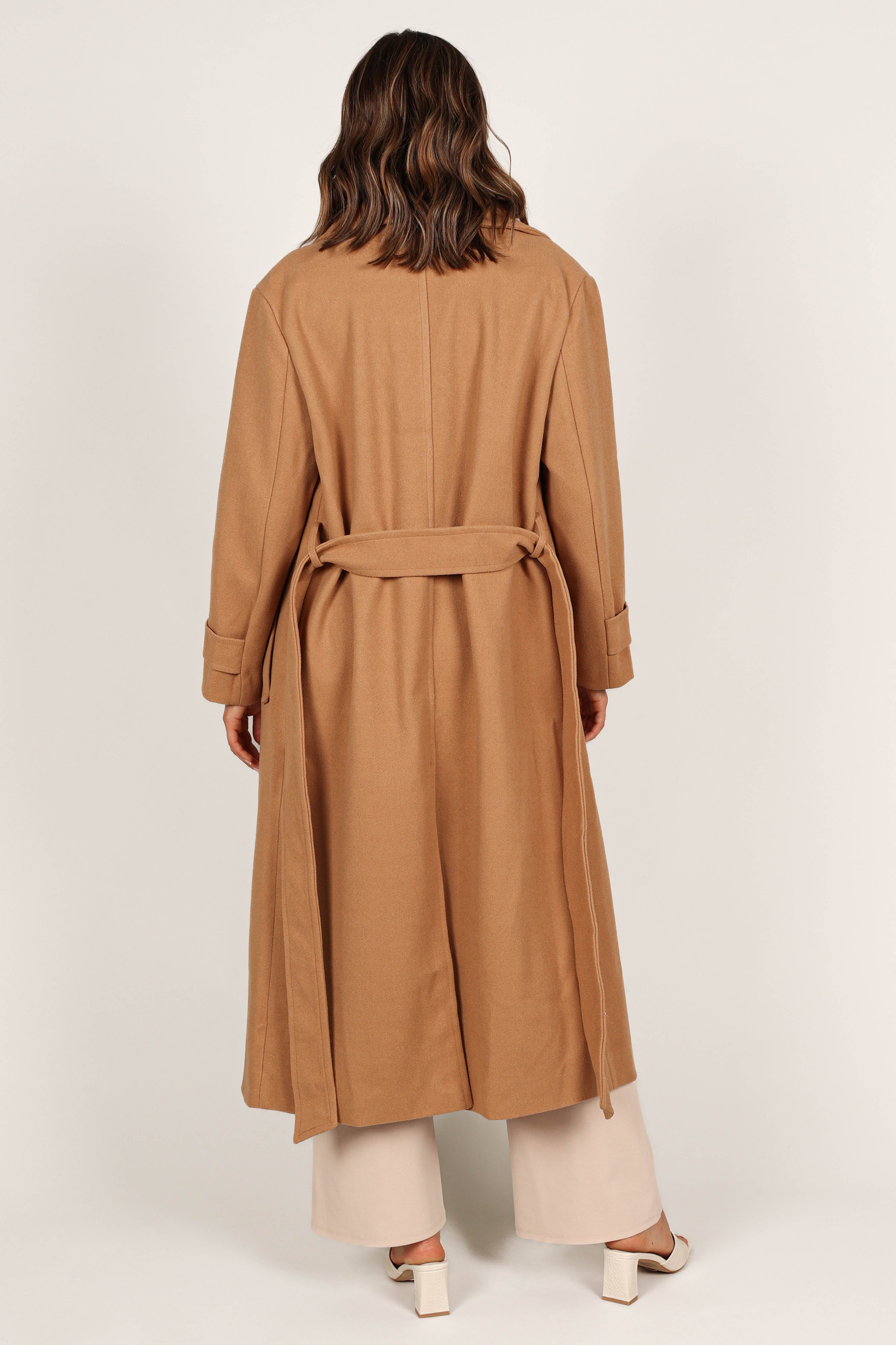 camel tie belt coat