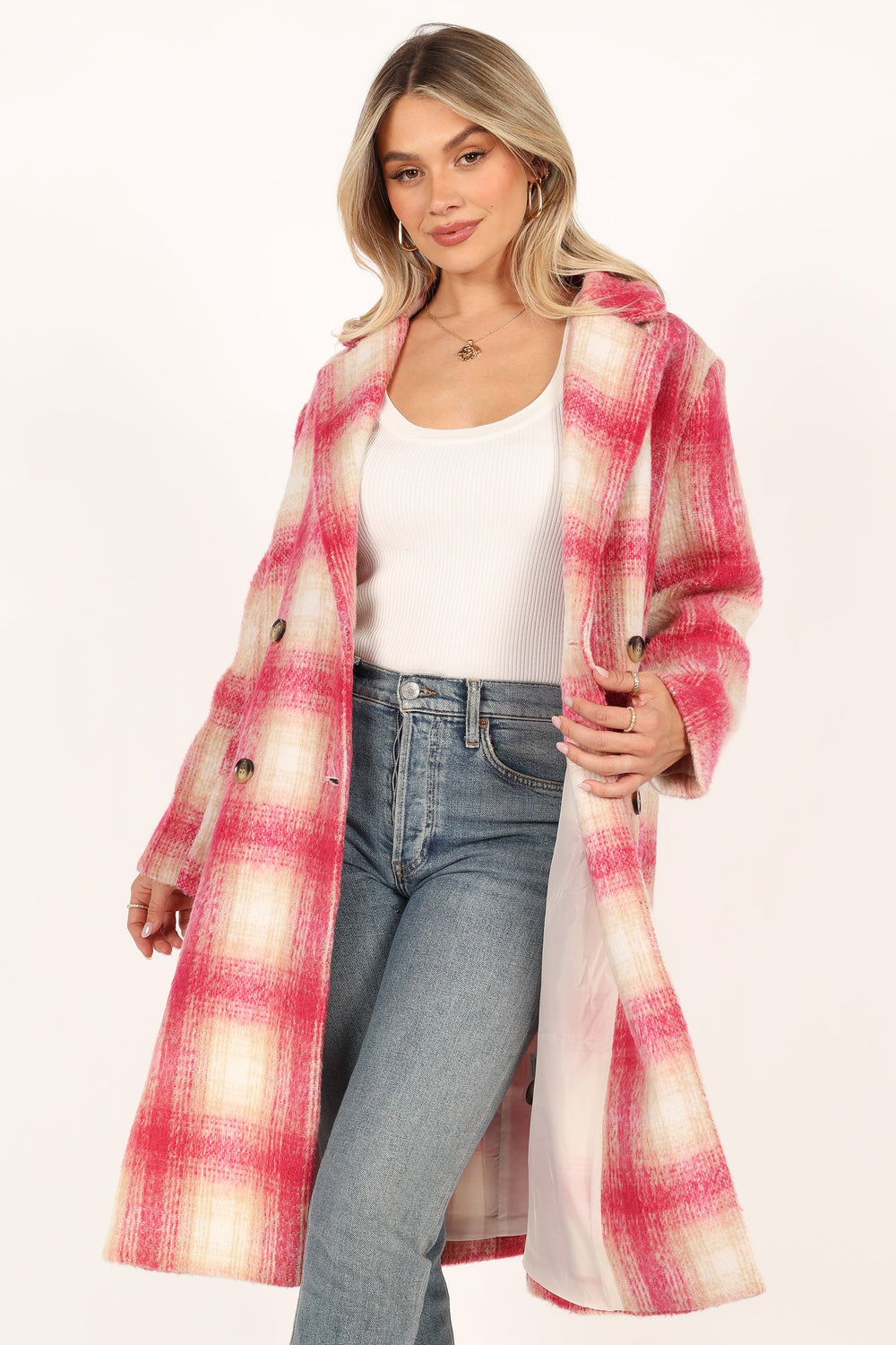 Petal and Pup USA OUTERWEAR Gianna Button Front Plaid Long Coat - Pink